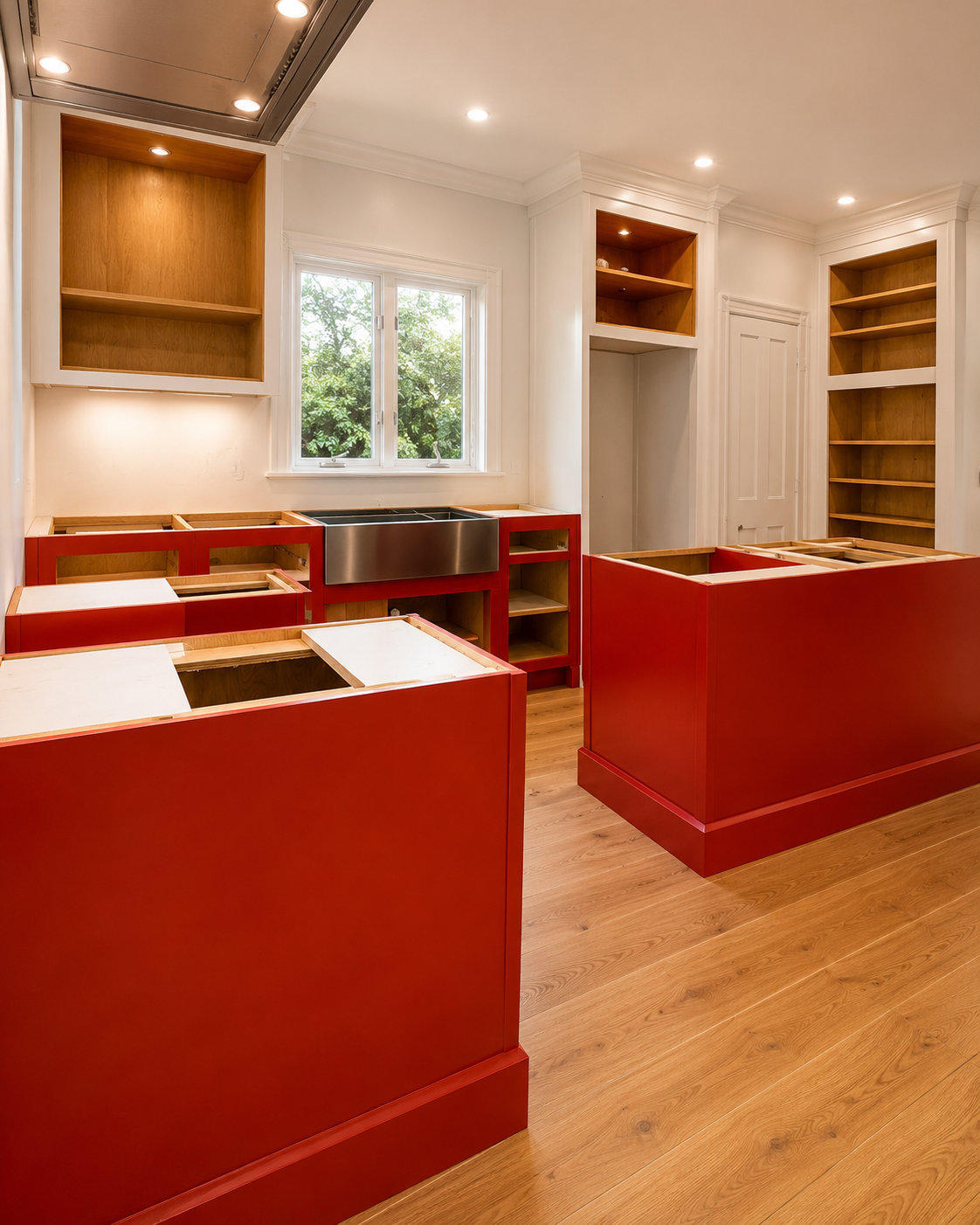 Kitchen with red cabinets, natural wood shelves, a window overlooking trees, and unfinished countertop spaces.