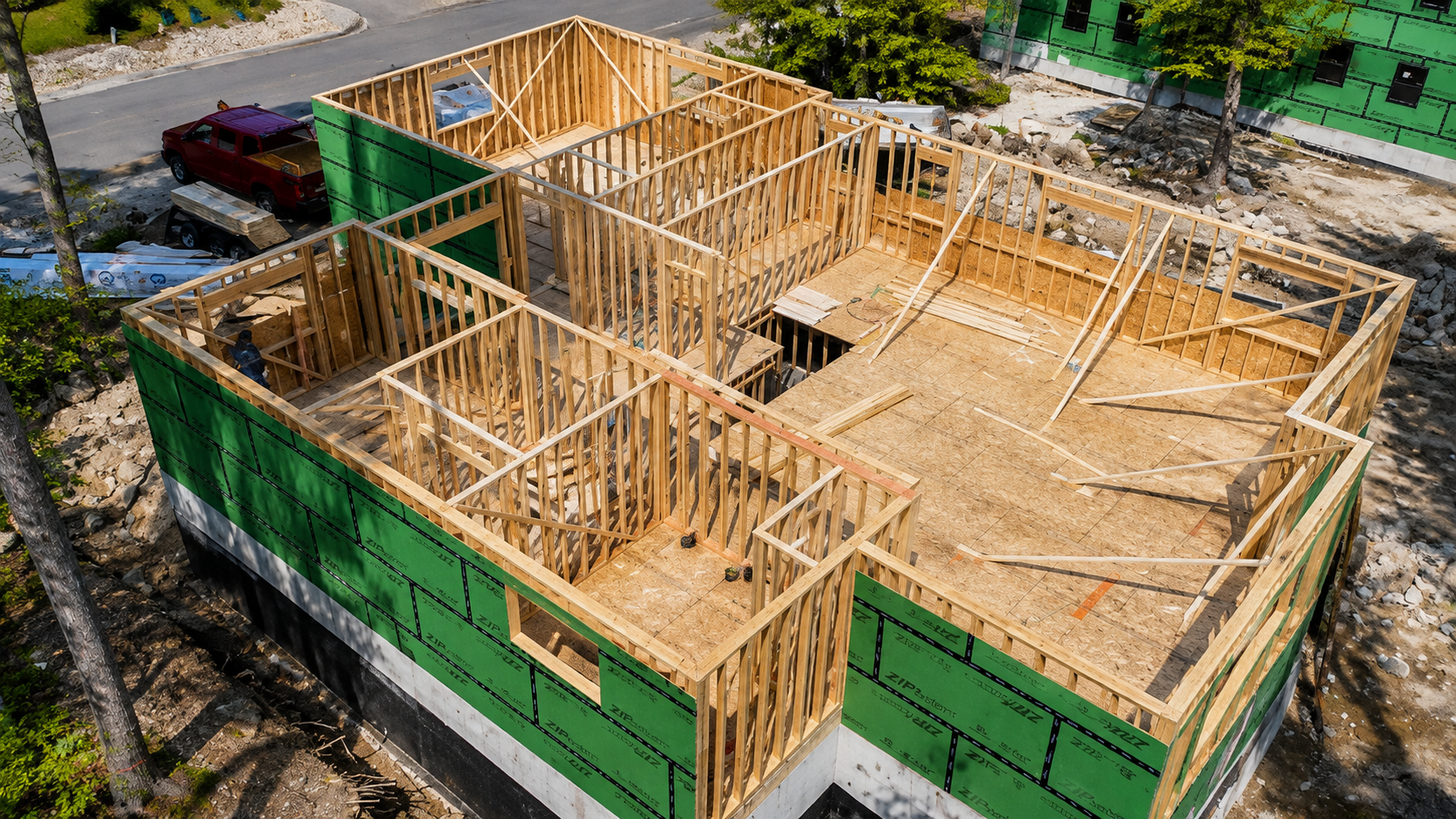 An aerial view of a house under construction with a wooden frame, green sheathing on the outside walls, and plywood flooring on the ground floor. Construction materials and tools are scattered inside and around the site. A red truck and a small trailer are parked nearby, and trees and rocks surround the construction area.