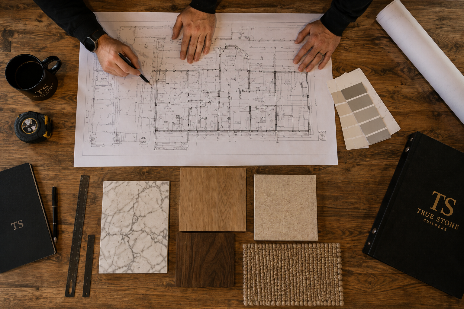 Architectural plans and flooring samples on a wooden desk, with a person reviewing the blueprint.