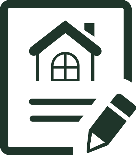 Icon of a house on a document with a pencil over the bottom right corner.