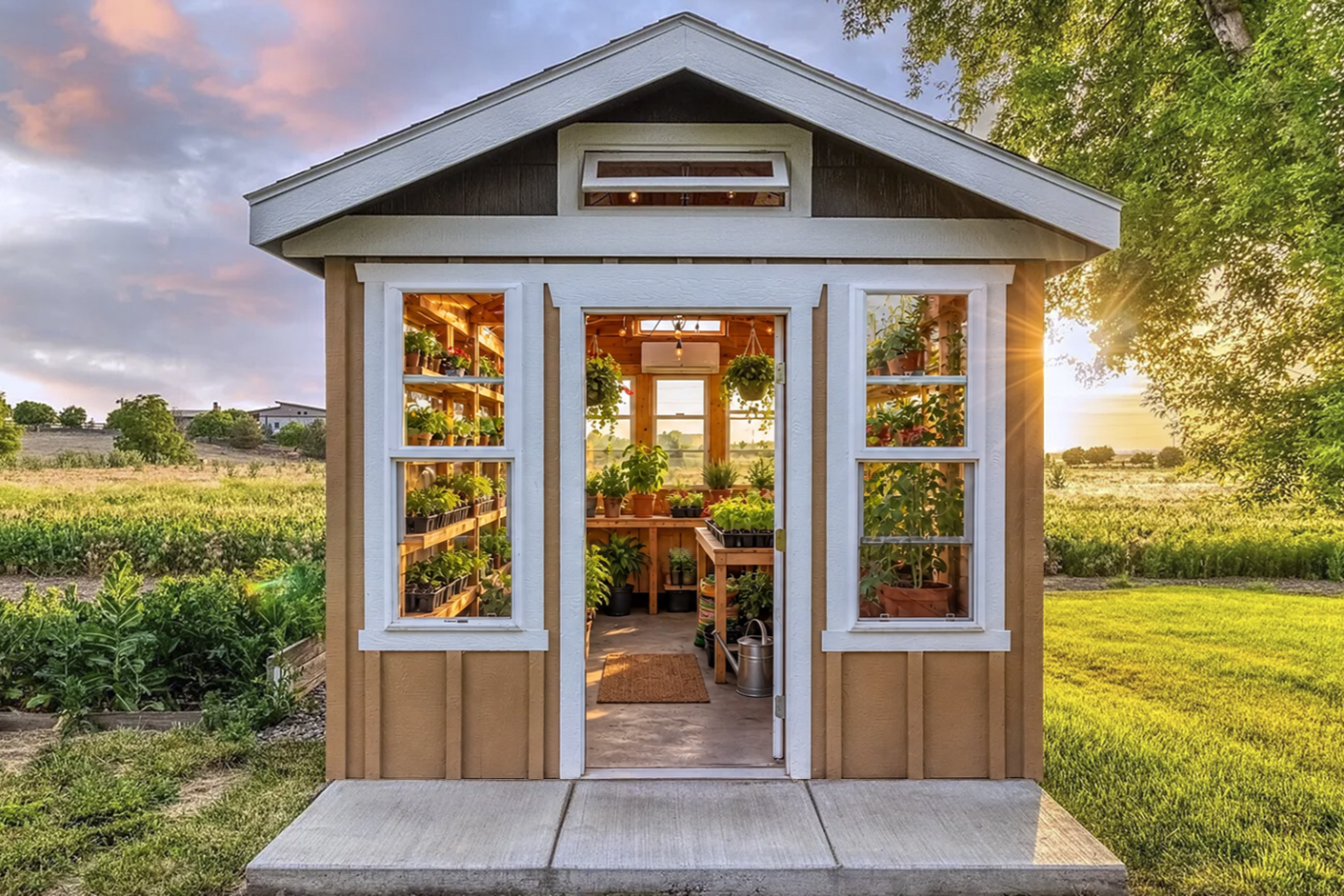 A small garden shed with open glass doors revealing a well-organized greenhouse with plants and gardening supplies inside, surrounded by green fields and trees during sunset.