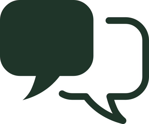 Two overlapping speech bubbles, one dark green and one gray, representing conversation or communication.