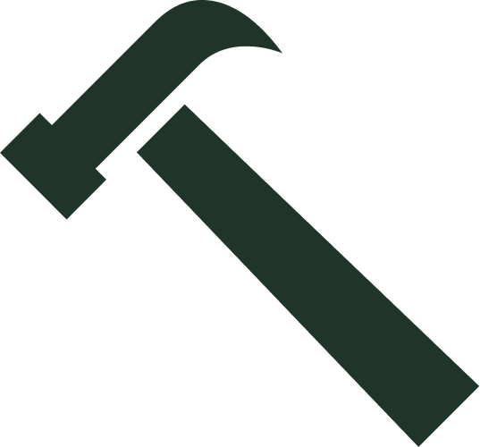 A hammer with a dark green handle and a black head.