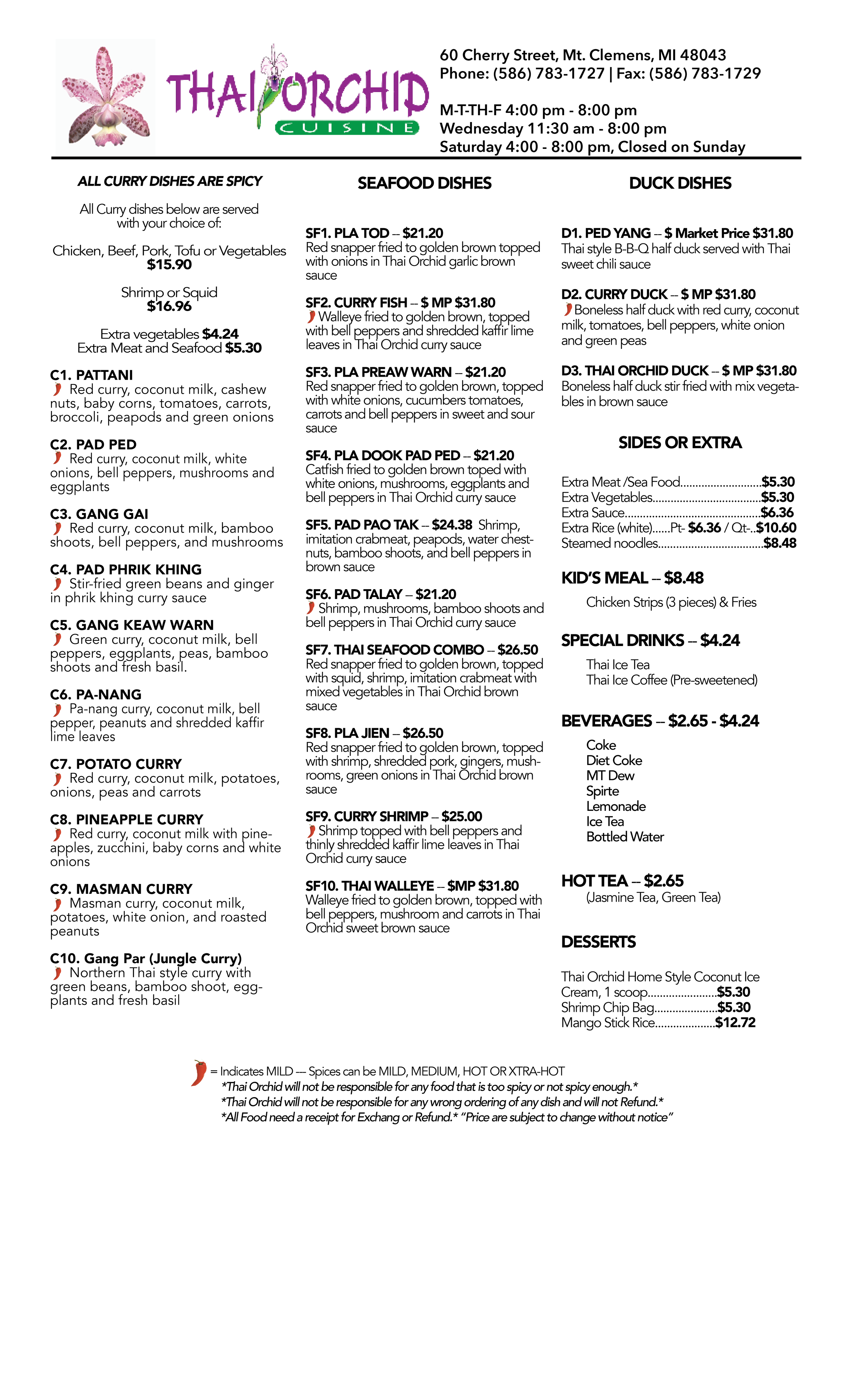 Thai Orchid Cuisine menu with address, phone, hours, and list of dishes including curry, seafood, duck, sides, kid's meal, drinks, and desserts.