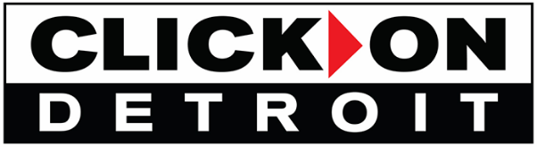 Logo of Click On Detroit featuring bold black and white text with a red play button icon.