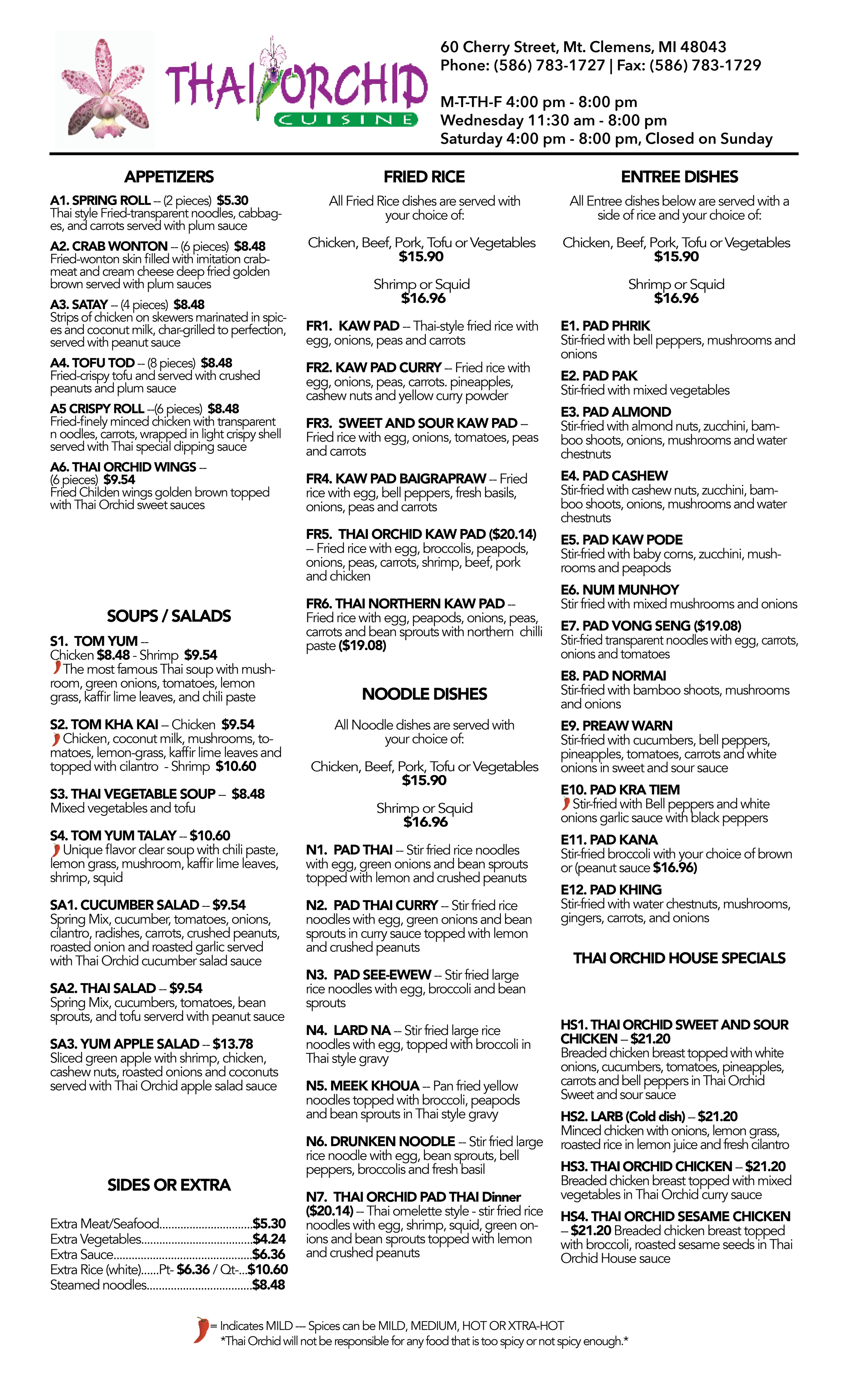 A Thai restaurant menu featuring appetizers, fried rice, noodle dishes, soups, salads, and Thai Orchid House specials with descriptions and prices.