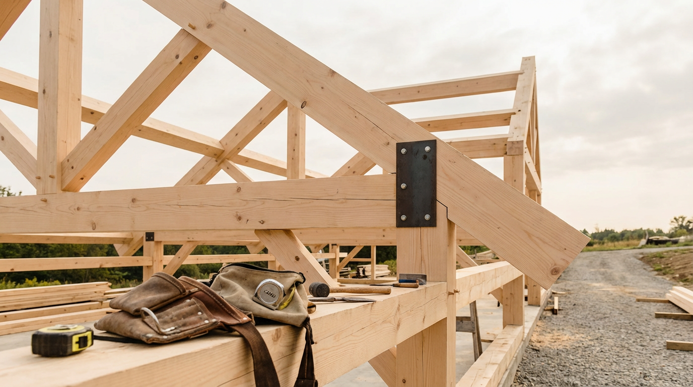 Wooden construction framework for a building with tools and pouches on a sawhorse in the foreground.