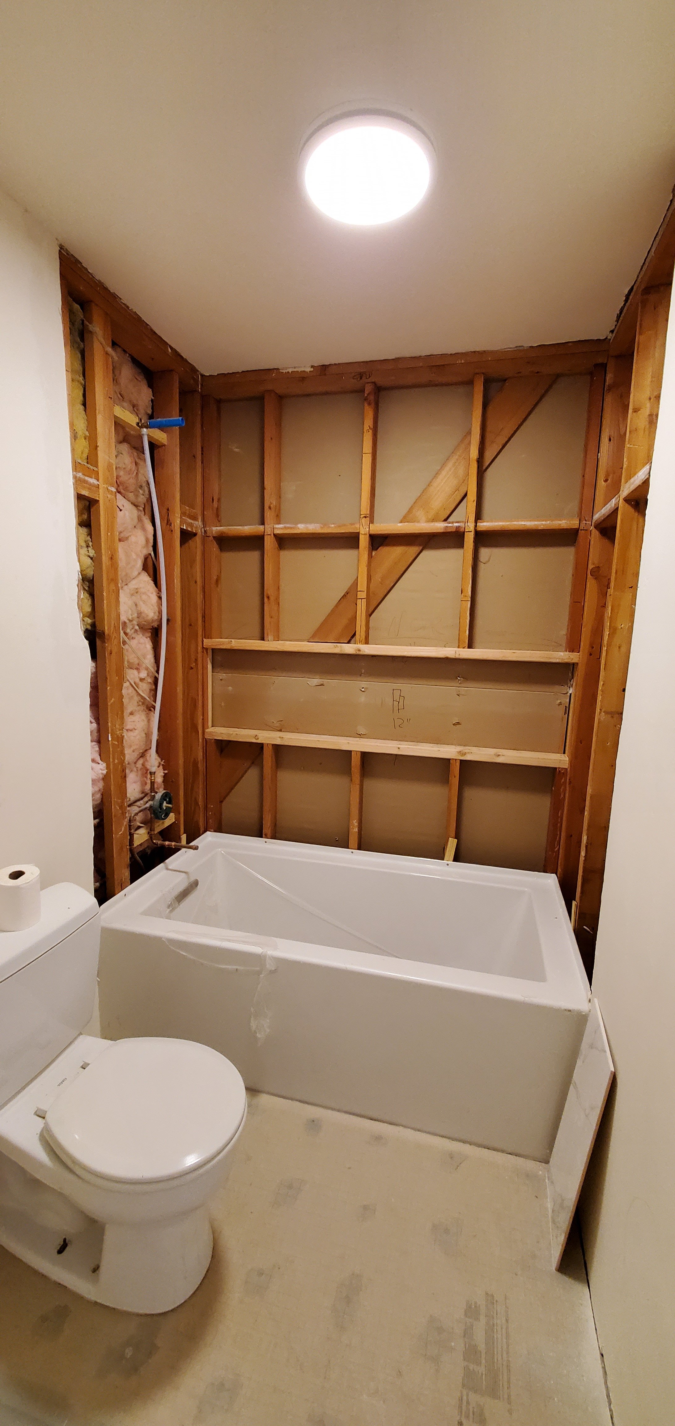 A bathroom under renovation with exposed wall framing behind a bathtub, a toilet on the left, and a ceiling light.