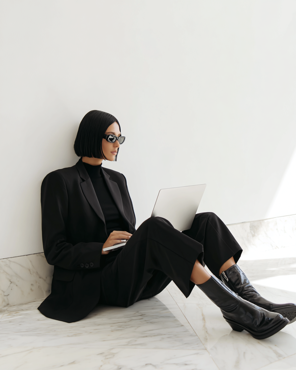A woman dressed in a black suit with black boots and sunglasses sitting on a marble floor with a laptop on her lap.