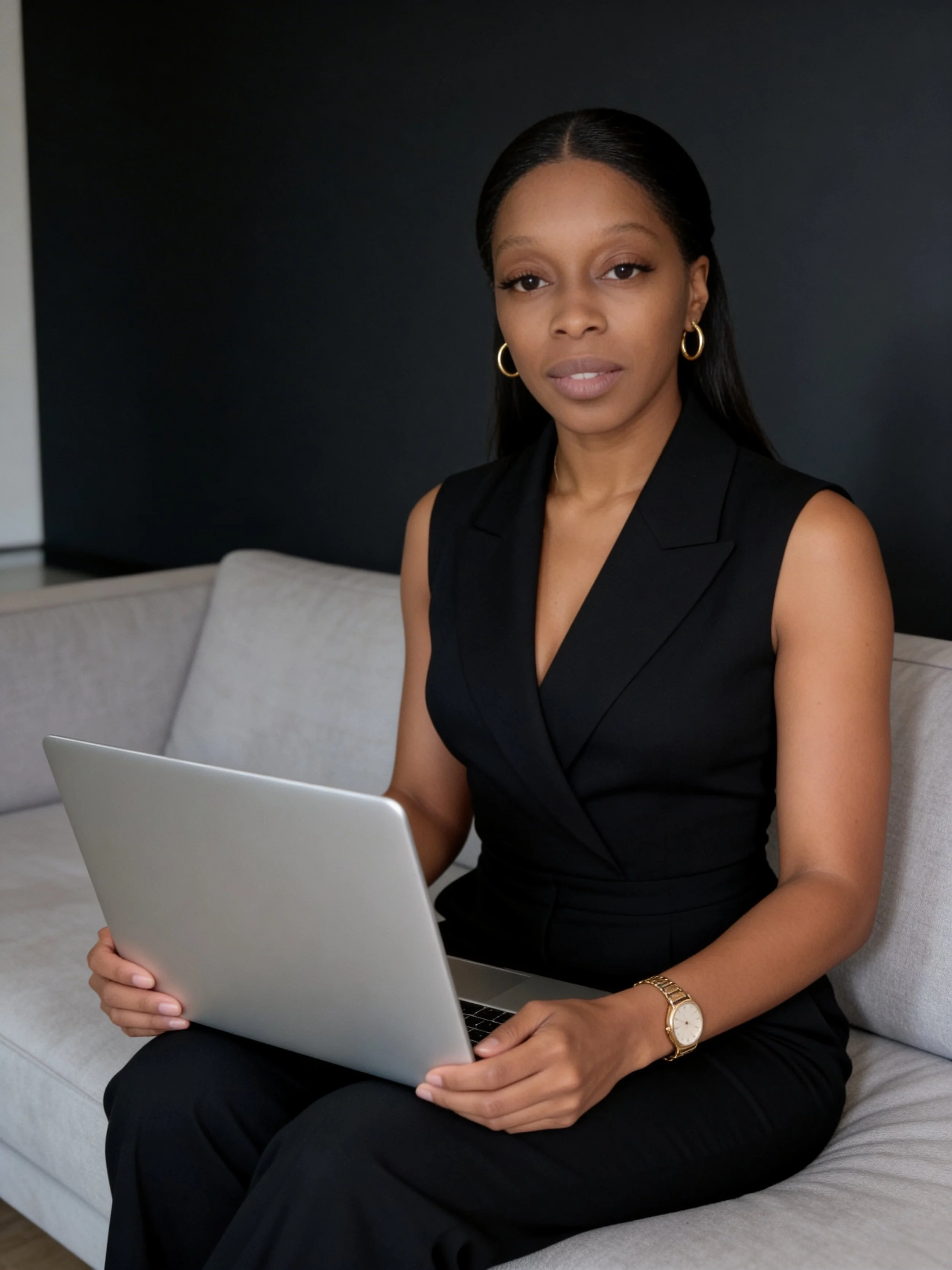 A woman in a black sleeveless top and gold jewelry is sitting on a gray sofa, holding an open laptop computer and looking directly at the camera against a dark wall background.