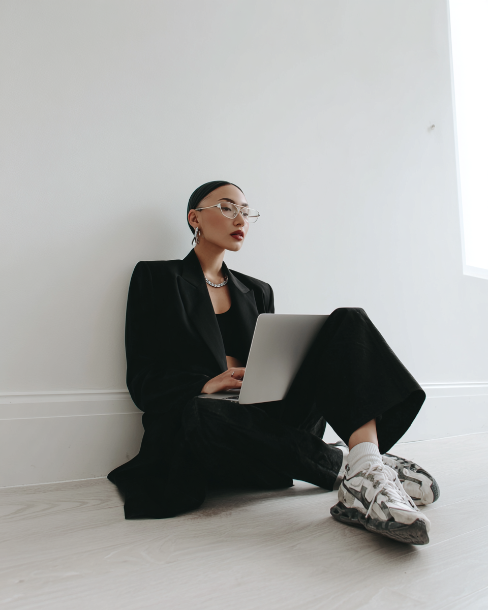 A woman sitting on the floor with a laptop, wearing black clothing, glasses, sneakers, and jewelry.