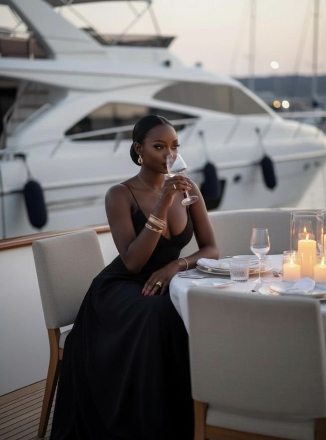 A woman dressed in a black gown sitting at a candlelit dinner table on a yacht, holding a glass of wine near her lips with a marina and yacht in the background.