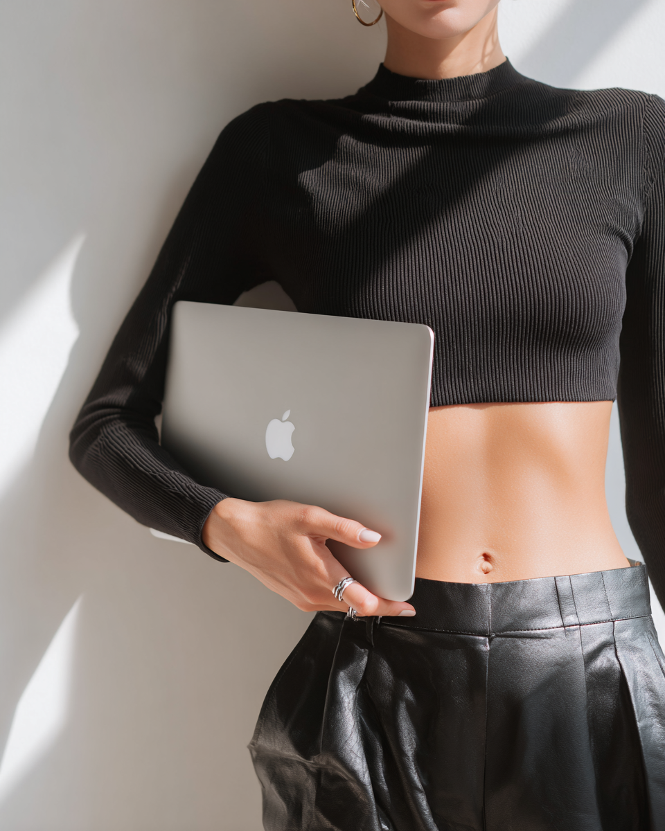 A woman wearing a black crop top and leather pants holding a closed silver MacBook with an Apple logo.
