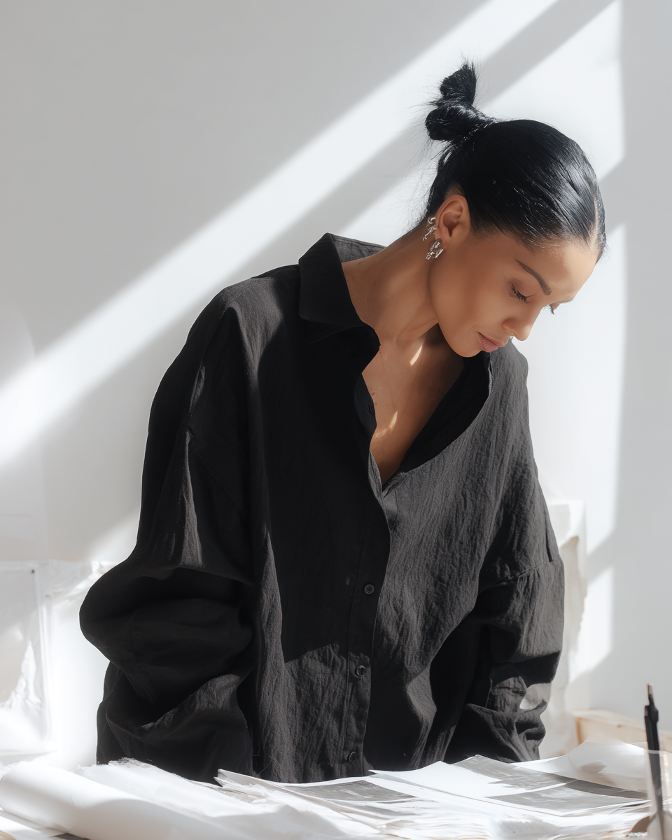 A woman with dark hair in a bun, wearing a black shirt, standing at a table with papers on it, looking down thoughtfully in a bright room with sunlight streaming in.