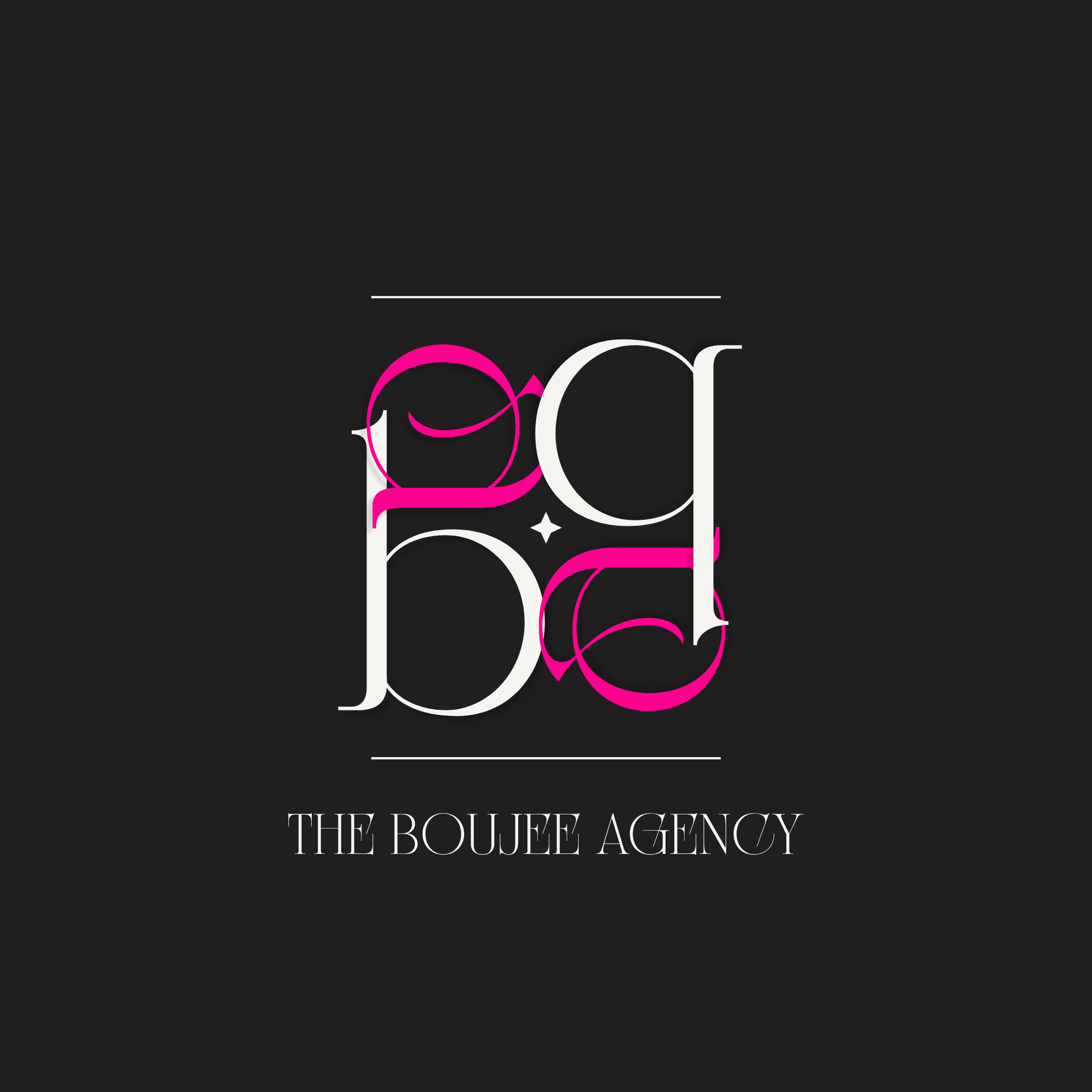 Black background with logo of a pink and white outlined stylized face and the words "THE BOUJEE AGENCY" in white text.