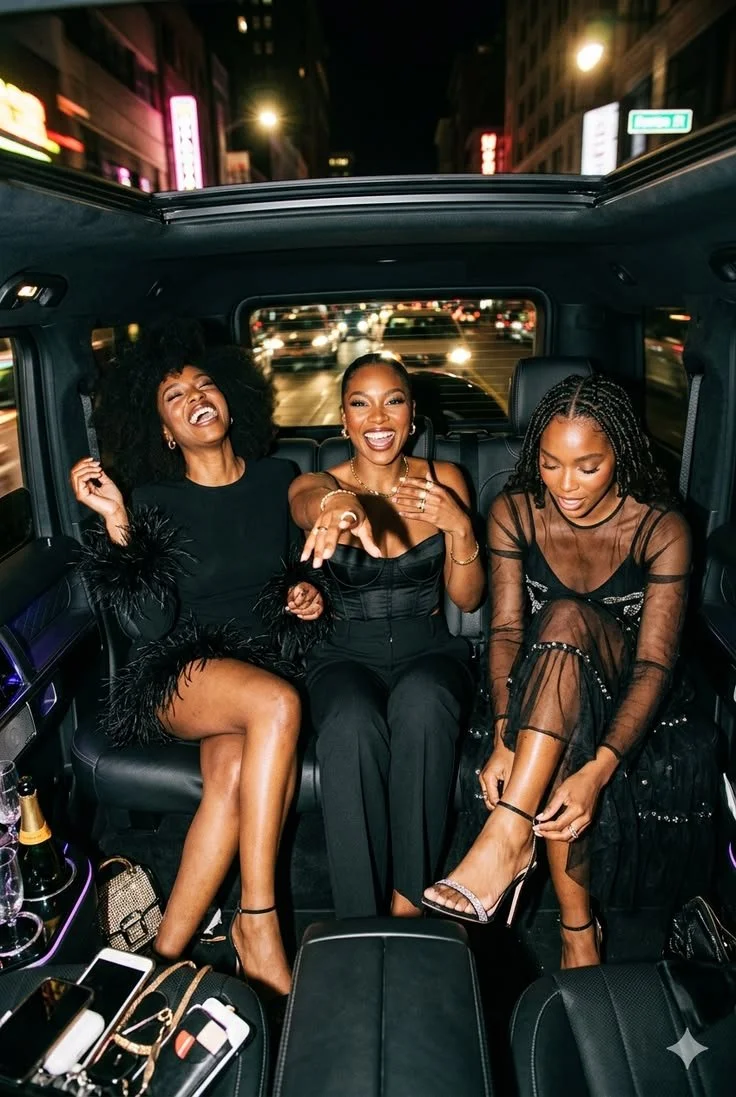 Three women dressed in elegant black outfits sitting in the back of a limousine at night, laughing and enjoying themselves, with city lights and traffic visible through the window behind them.