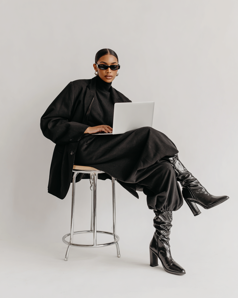 Fashionably dressed woman in all black, sitting on a stool with a laptop, wearing sunglasses and high-heeled boots.