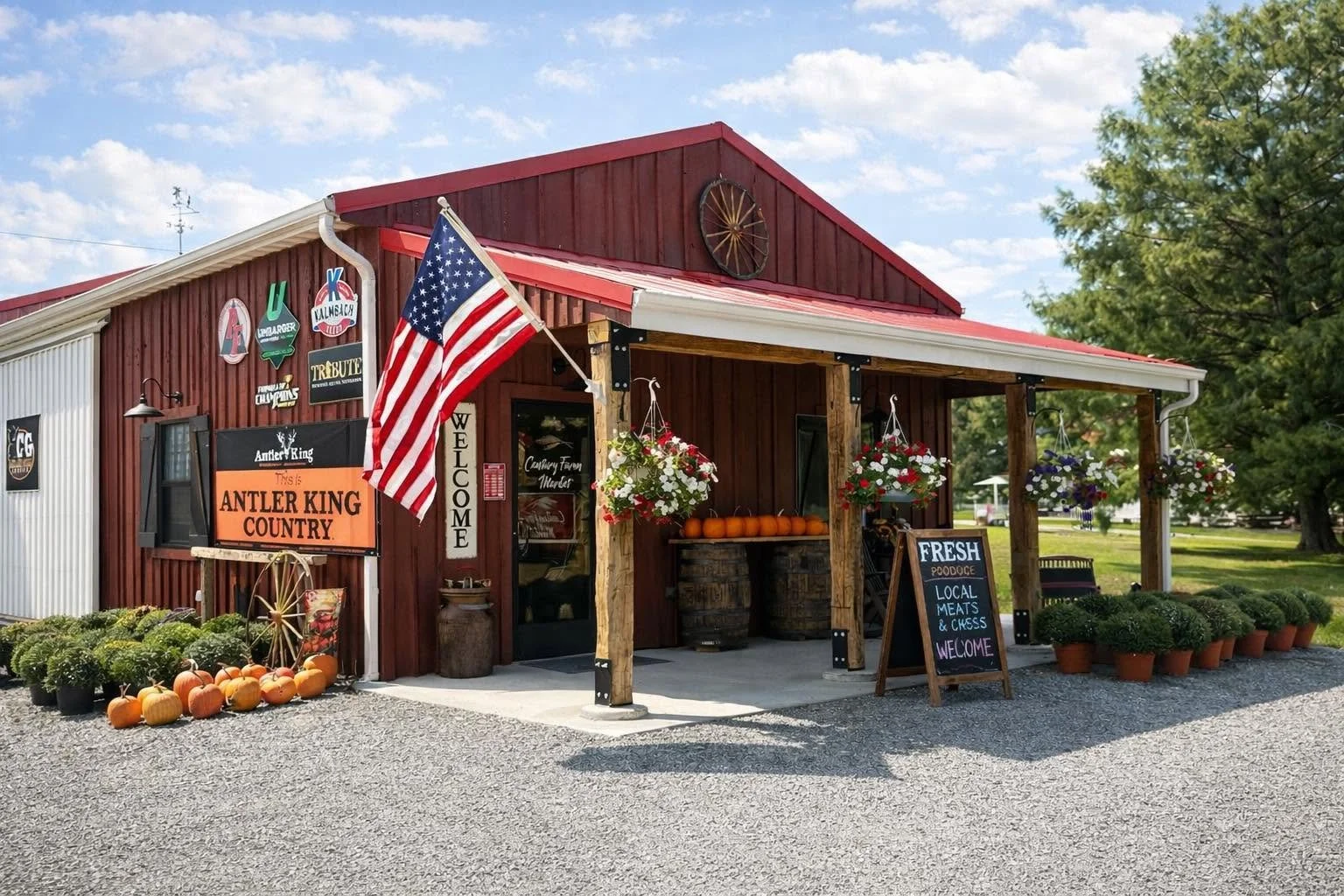 photo of the front of the market with plants and pumpkins out front