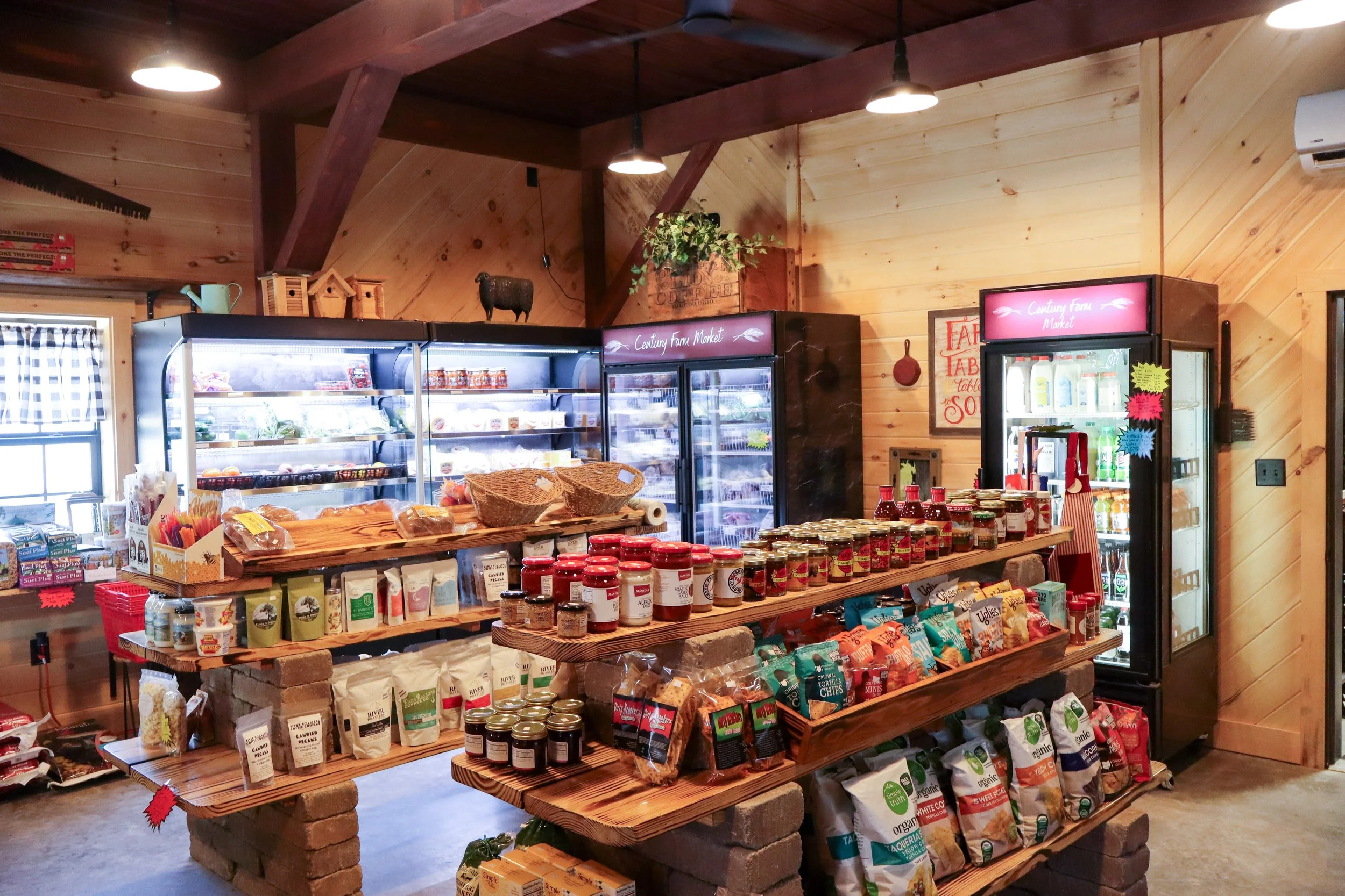 shelves and display cases full of food products