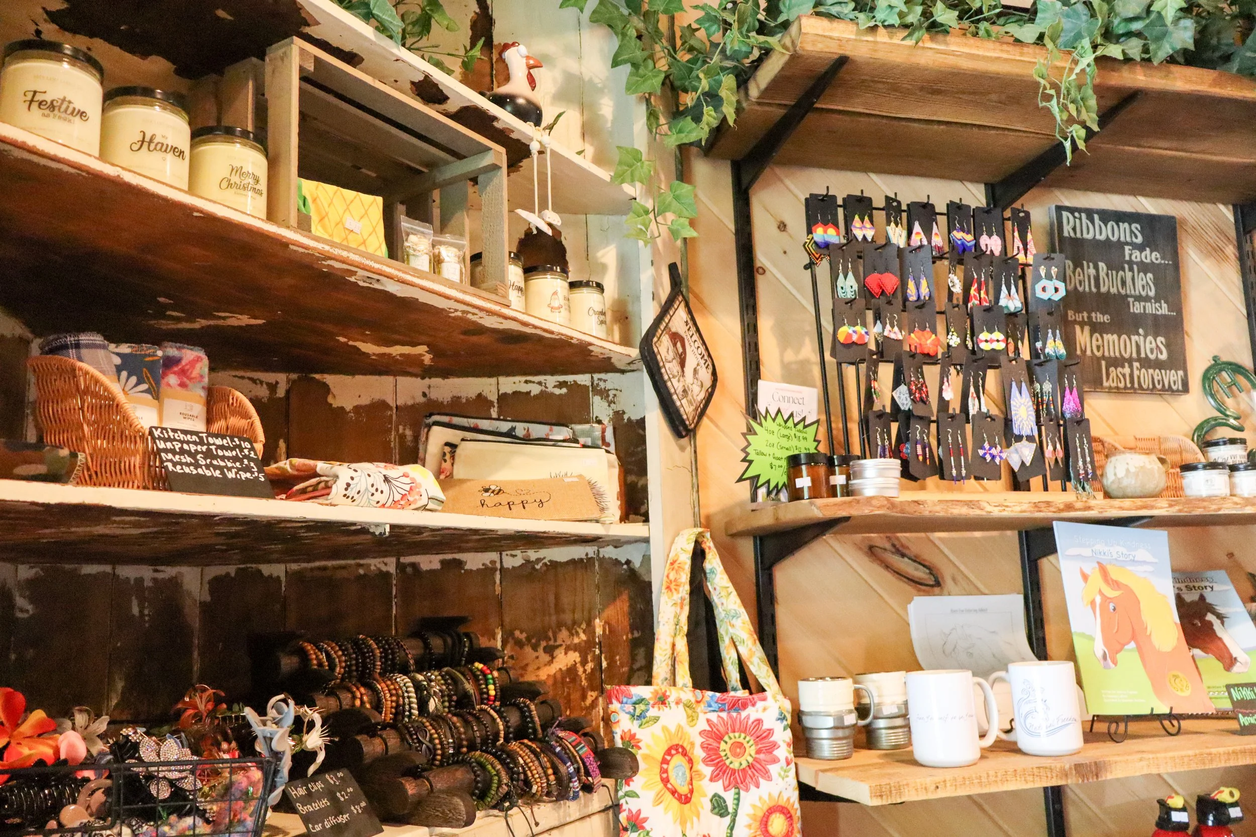 shelves displaying local craft products
