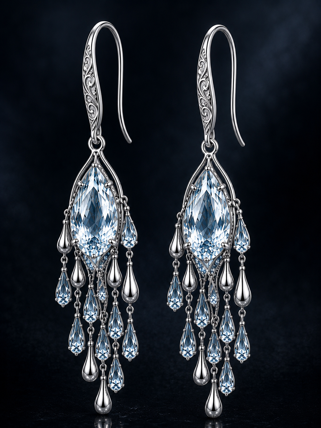 Silver chandelier earrings with intricate designs and multiple teardrop-shaped blue gemstones hanging from chains against a dark background.
