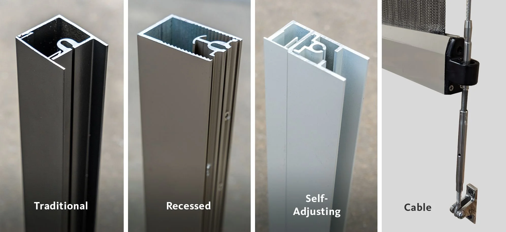 Comparison of four different window frame profiles: traditional, recessed, self-adjusting, and cable. The traditional frame is black, the recessed is gray with a ridged inner section, the self-adjusting is light-colored with a specific internal shape, and the cable setup features a black component connected to a metal wire and mounted on a wall.