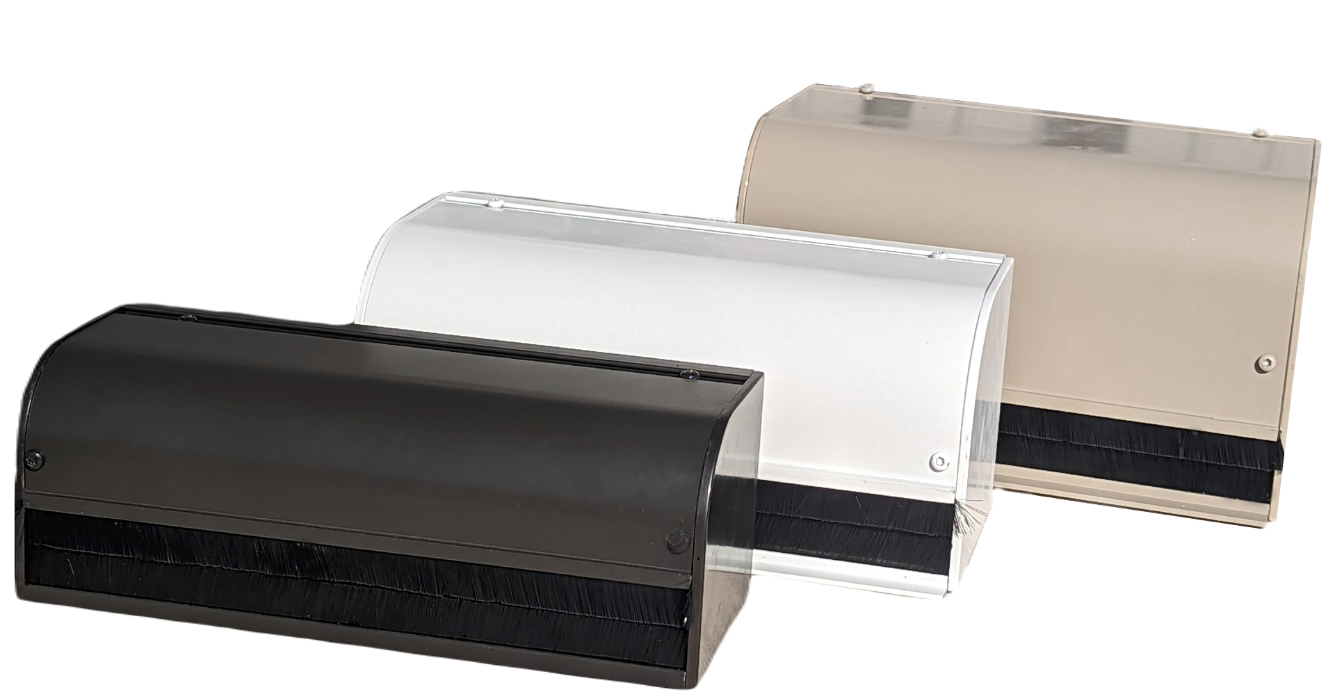 Three horizontal mailboxes with curved tops in black, white, and beige, against a black background.