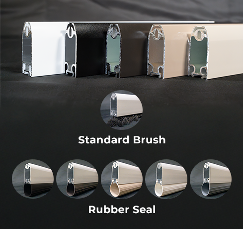 Image showing five aluminum profiles with different color finishes, a close-up of a brush, and five rubber seals, used for window or door frame installation.