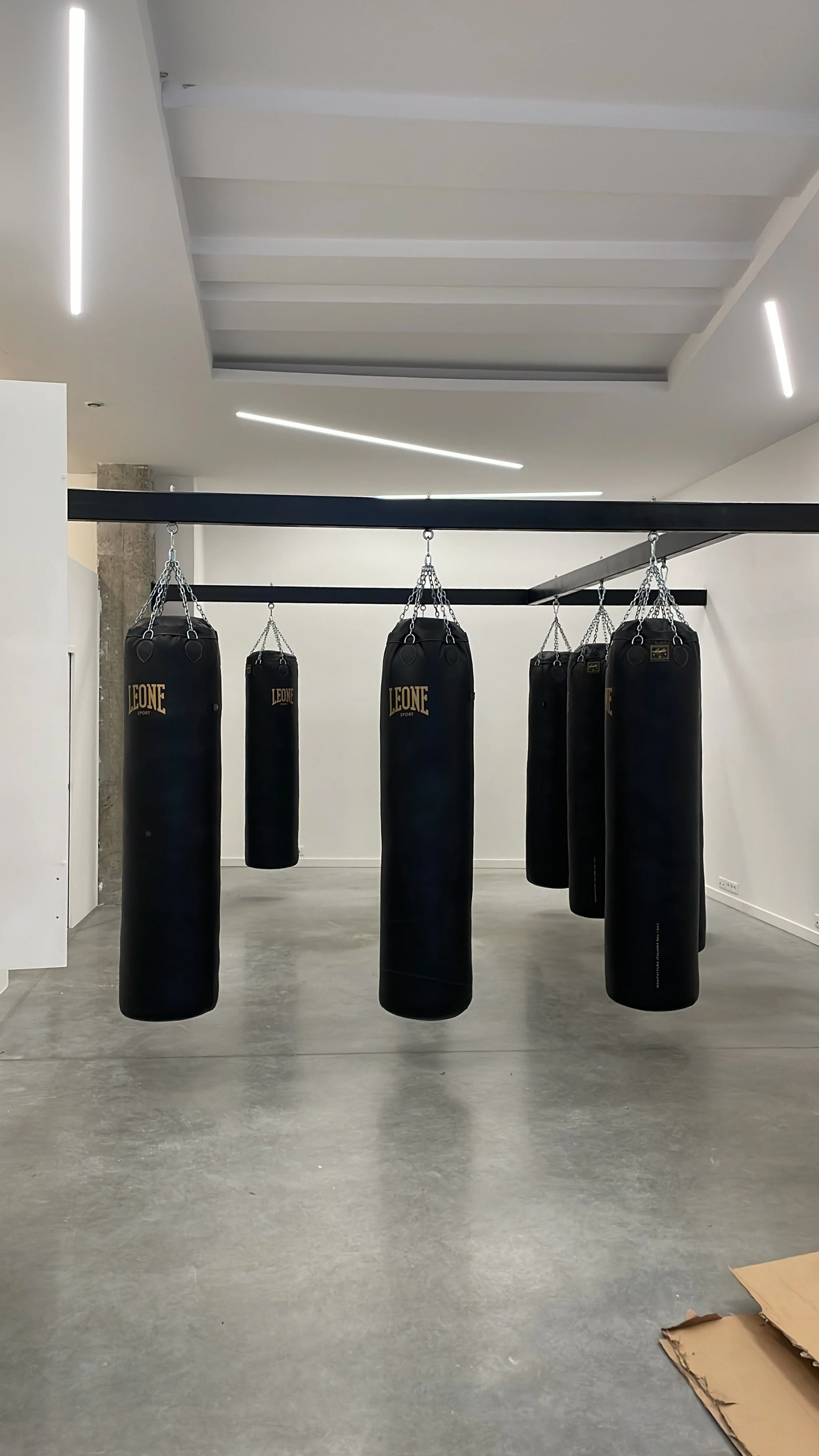 Une salle de sport avec plusieurs sacs de boxe suspendus d'une barre métallique.