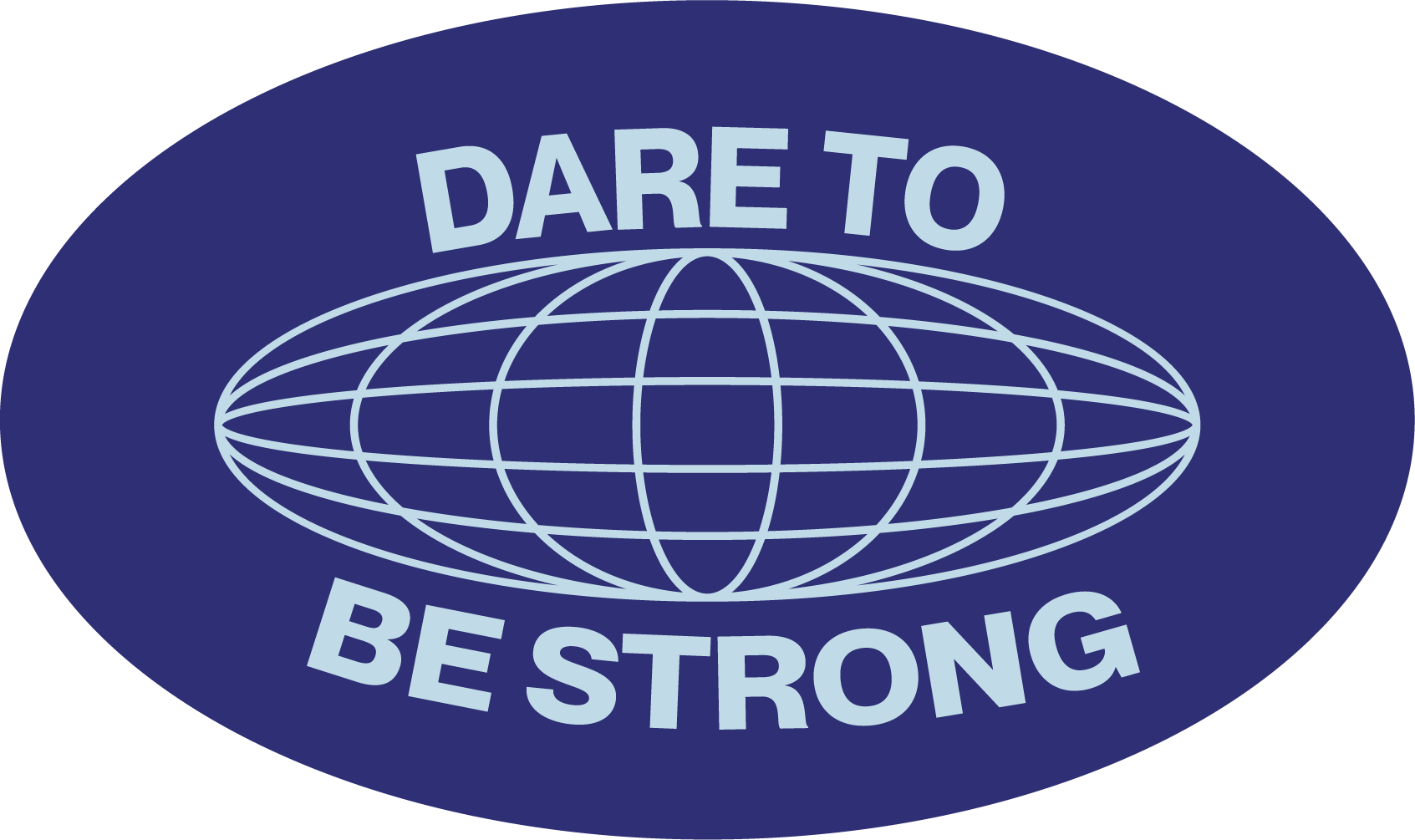 Logo  DARE TO BE STRONG avec un globe stylisé en lignes blanches sur fond bleu foncé.