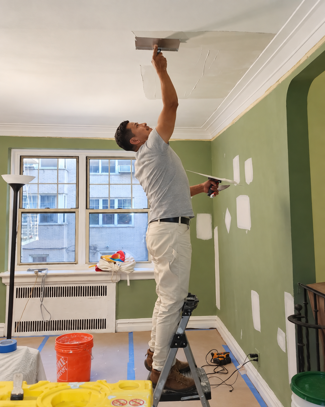 Hombre en una escalera reparando el techo en una habitación.