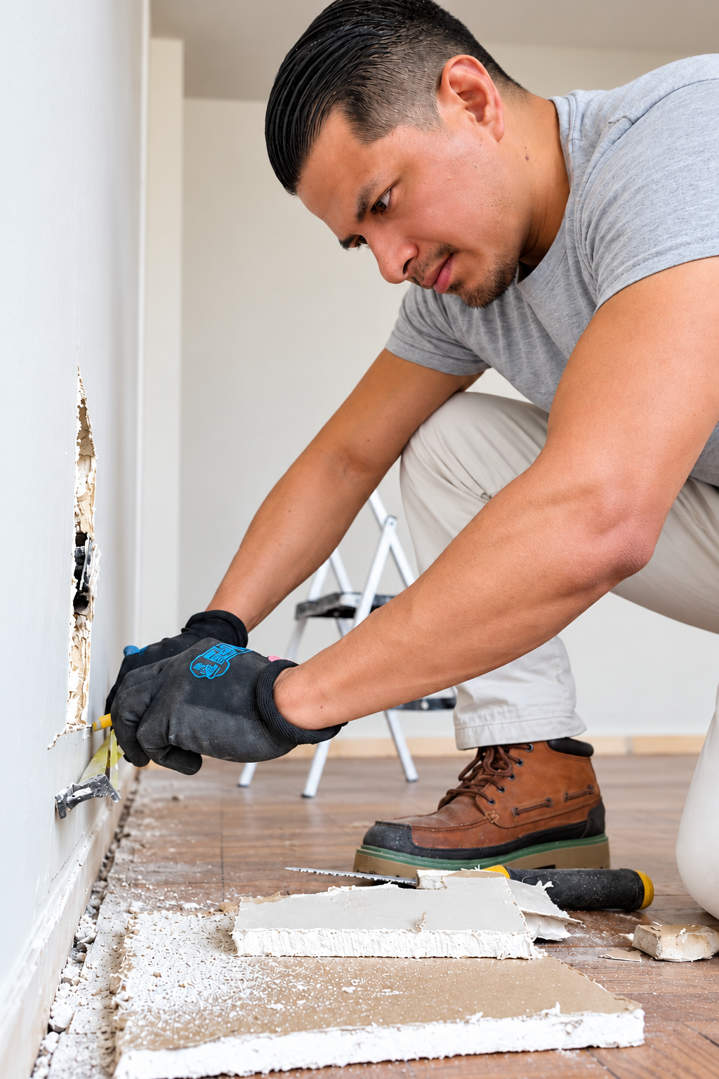 Hombre reparando una pared con una herramienta eléctrica, usando guantes y ropa de trabajo, en una habitación con suelo de madera.