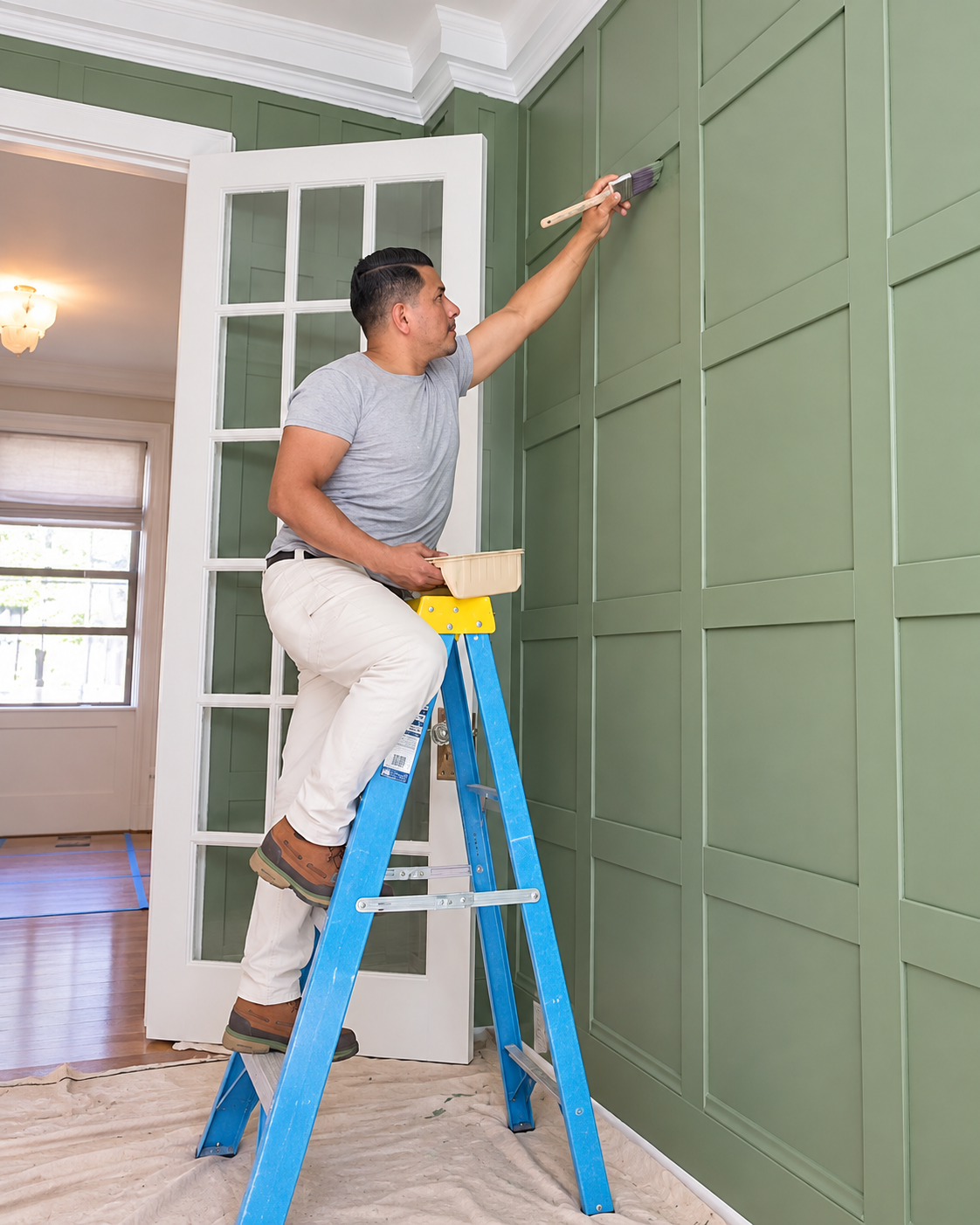 Hombre pintando una pared de verde con una brocha, de pie sobre una escalera azul en una sala de interior.