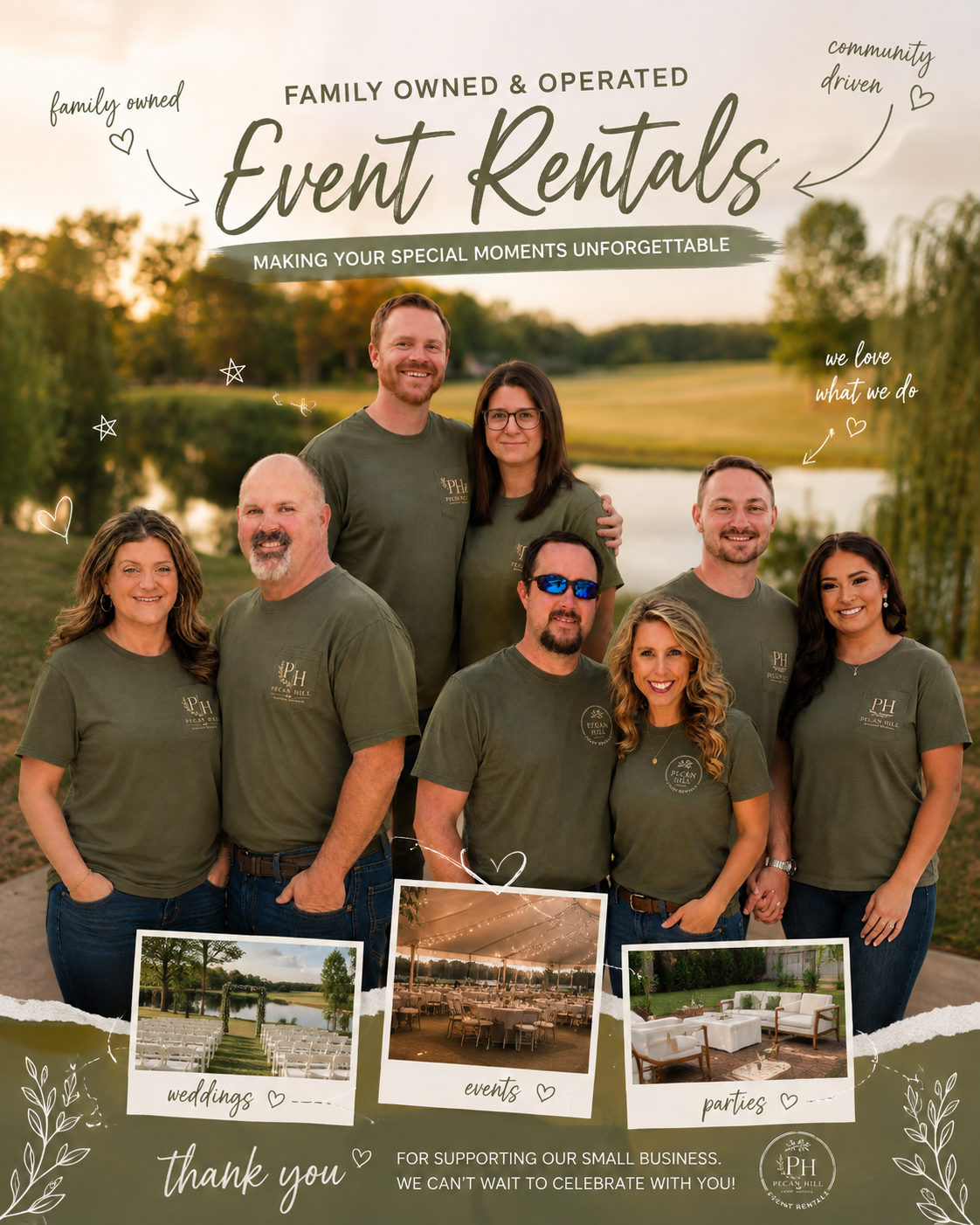 A group of seven people in green t-shirts, standing outdoors in front of a river and trees during sunset. The image is a promotional photo for a family-owned event rental business with handwritten notes and small photos of wedding, event, and party setups.