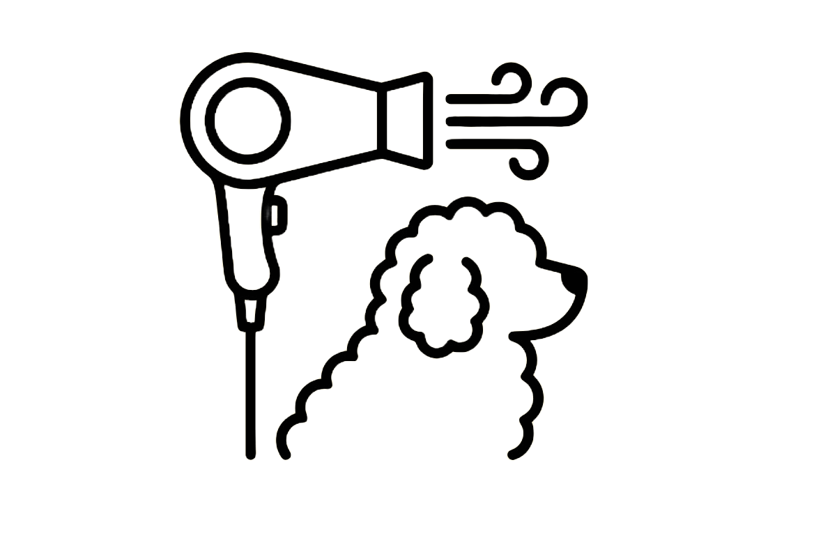 Line drawing of a dog with a hairdryer blowing warm air.