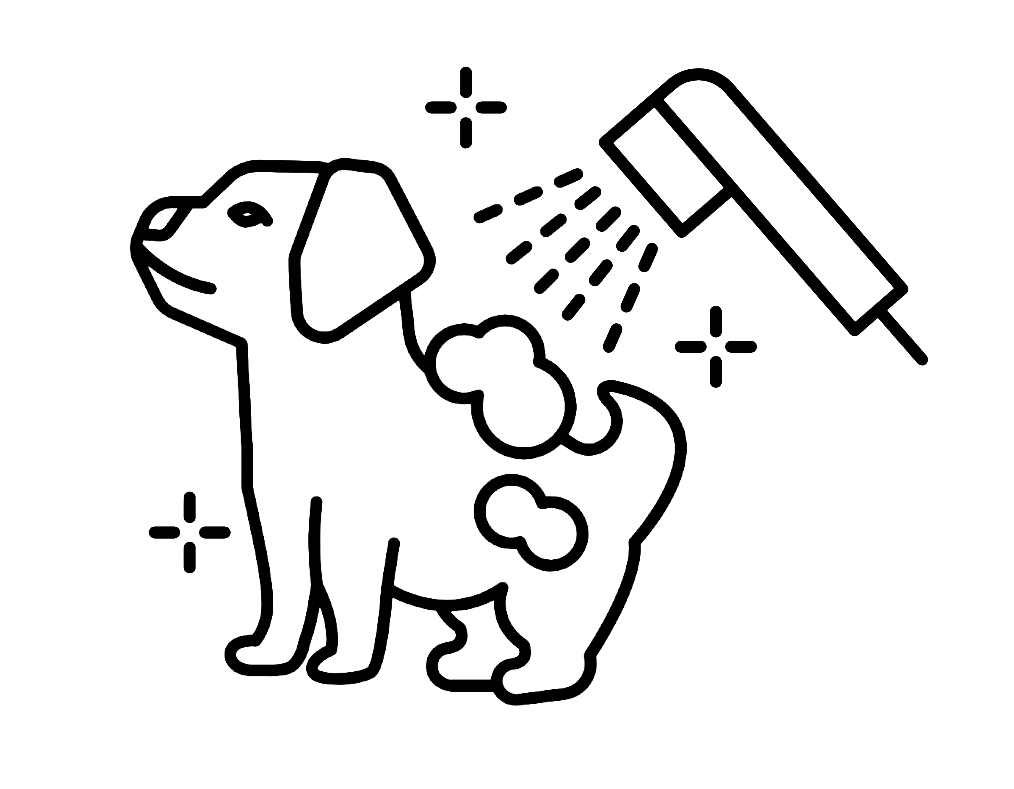 Line drawing of a dog being groomed with a sprayer and shampoo bubbles