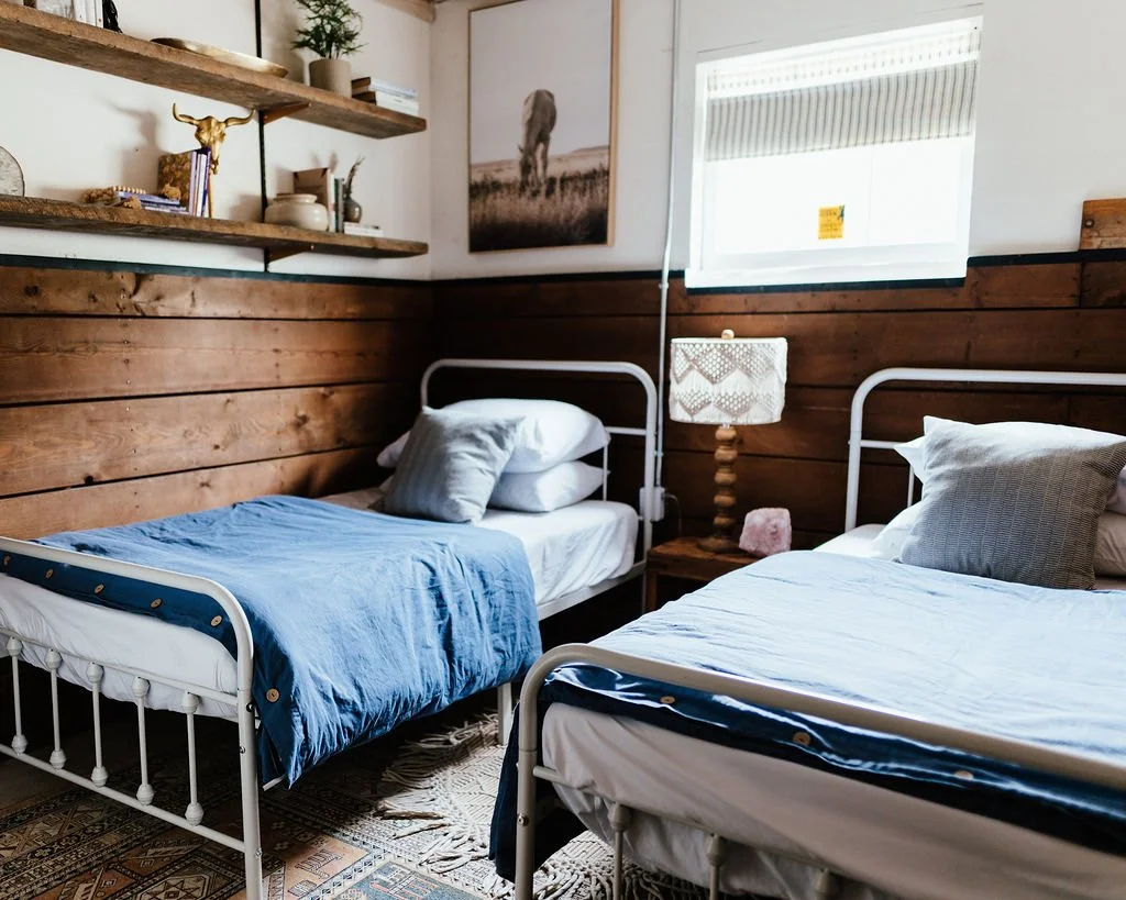 A bedroom with two metal beds with white frames, blue bedding, and gray pillows. A wooden nightstand with a lamp and a pink rock is between the beds. There are wooden shelves with decorative items on the wall, framed artwork of an elephant, and a win