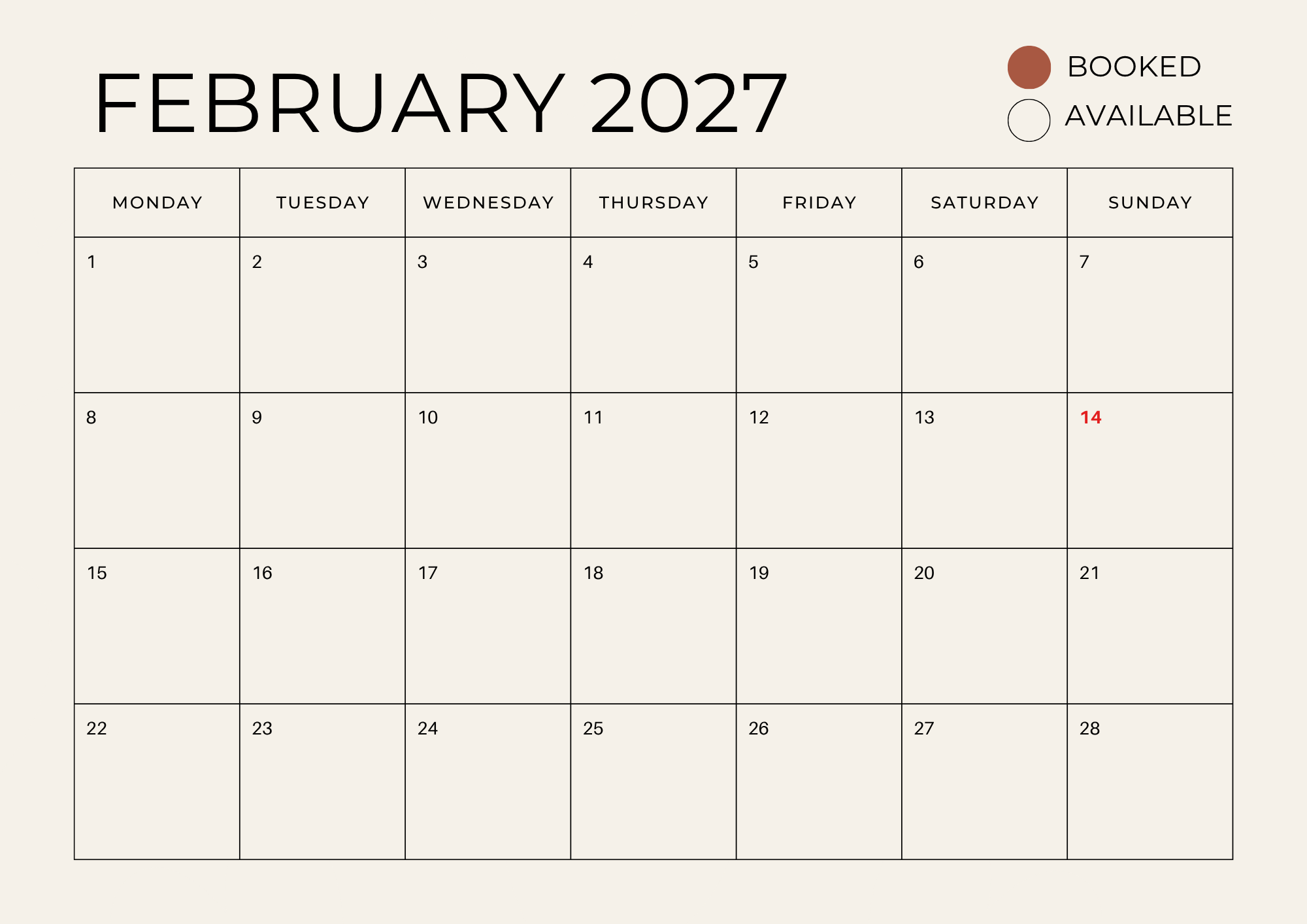 February 2027 calendar with dates and marks indicating availability and booking status.