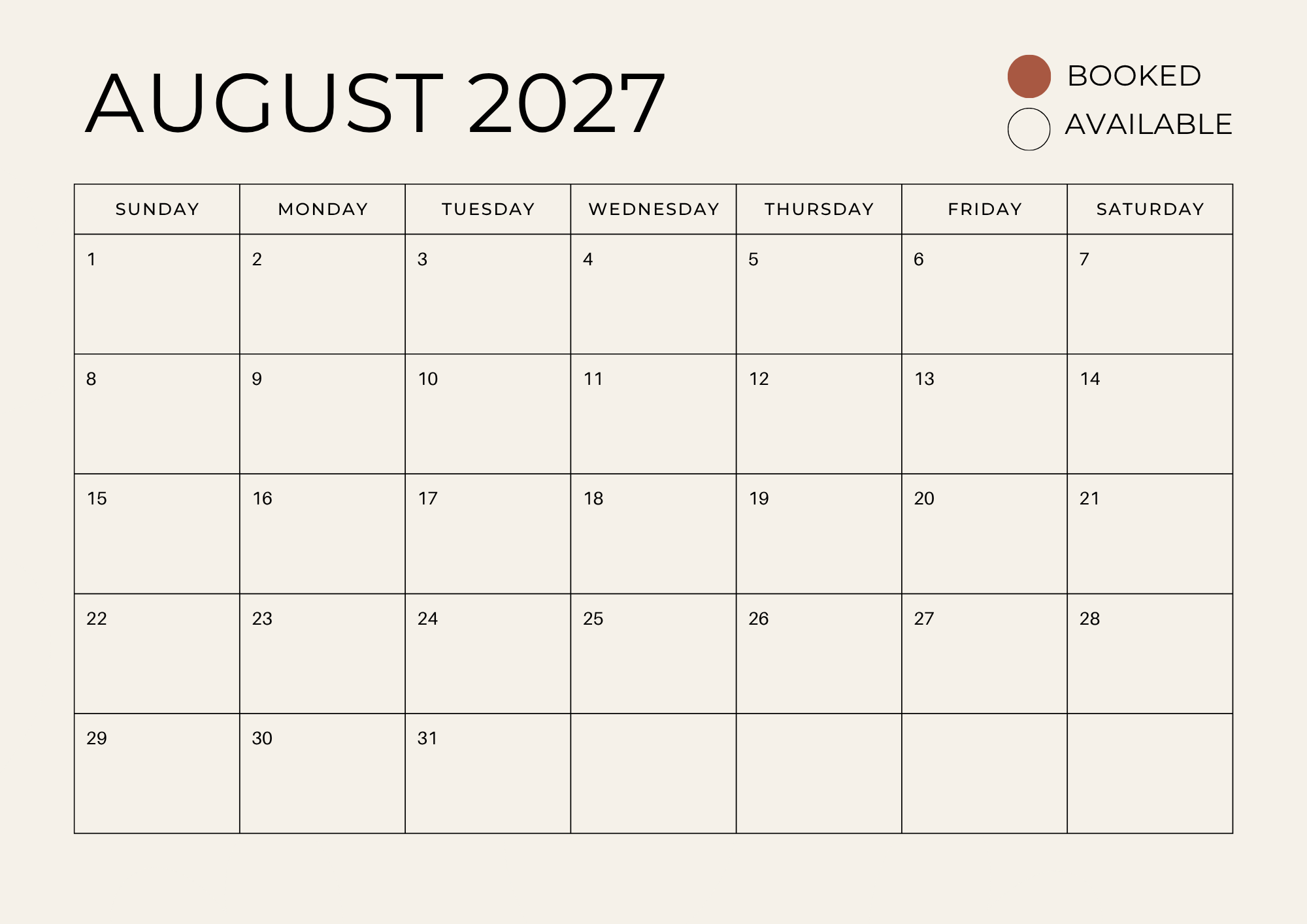August 2027 calendar marked with booked dates indicated by filled circles, available dates by outlined circles.