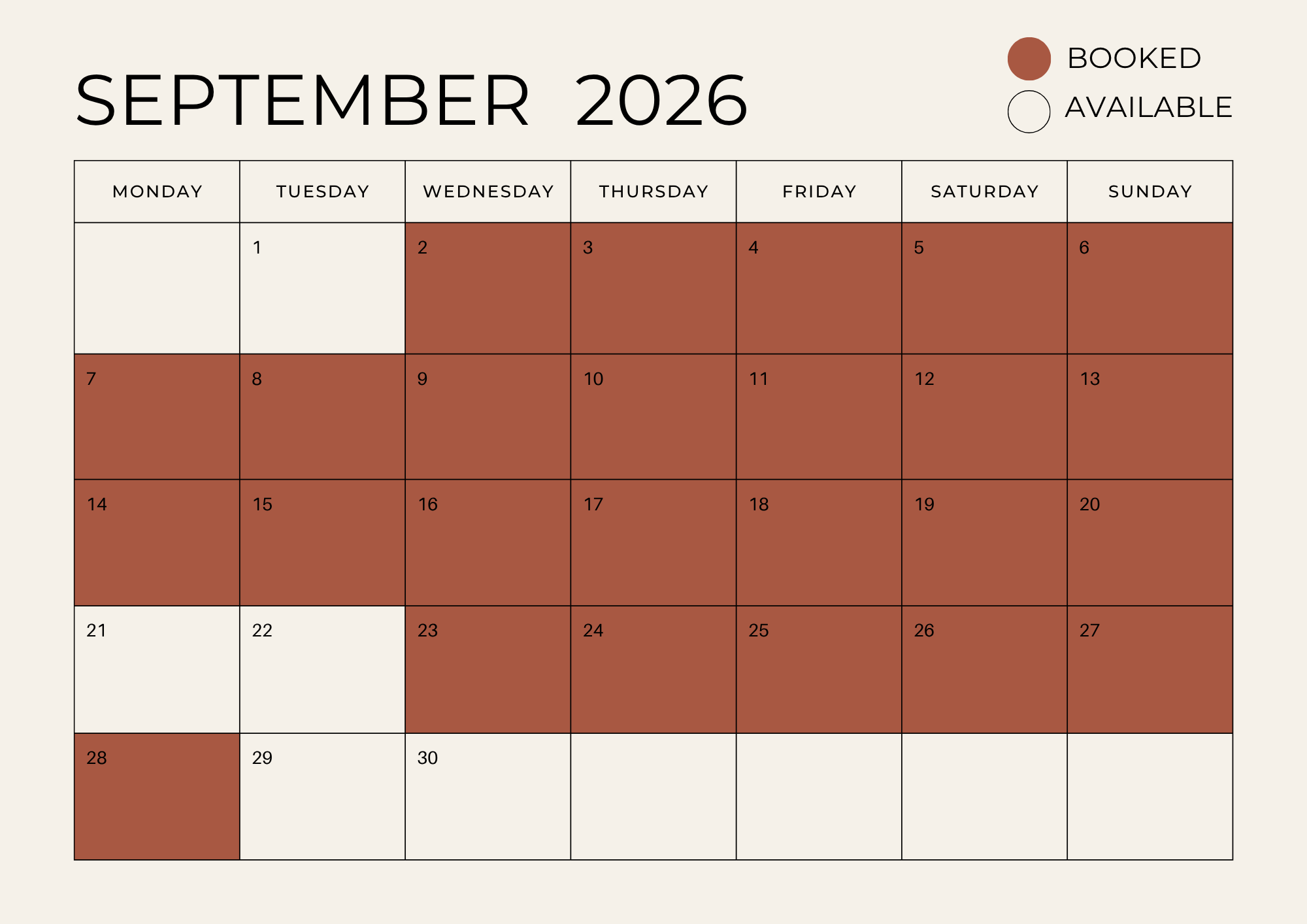 Calendar for September 2026 with dates colored for availability, where dark brown indicates booked days.