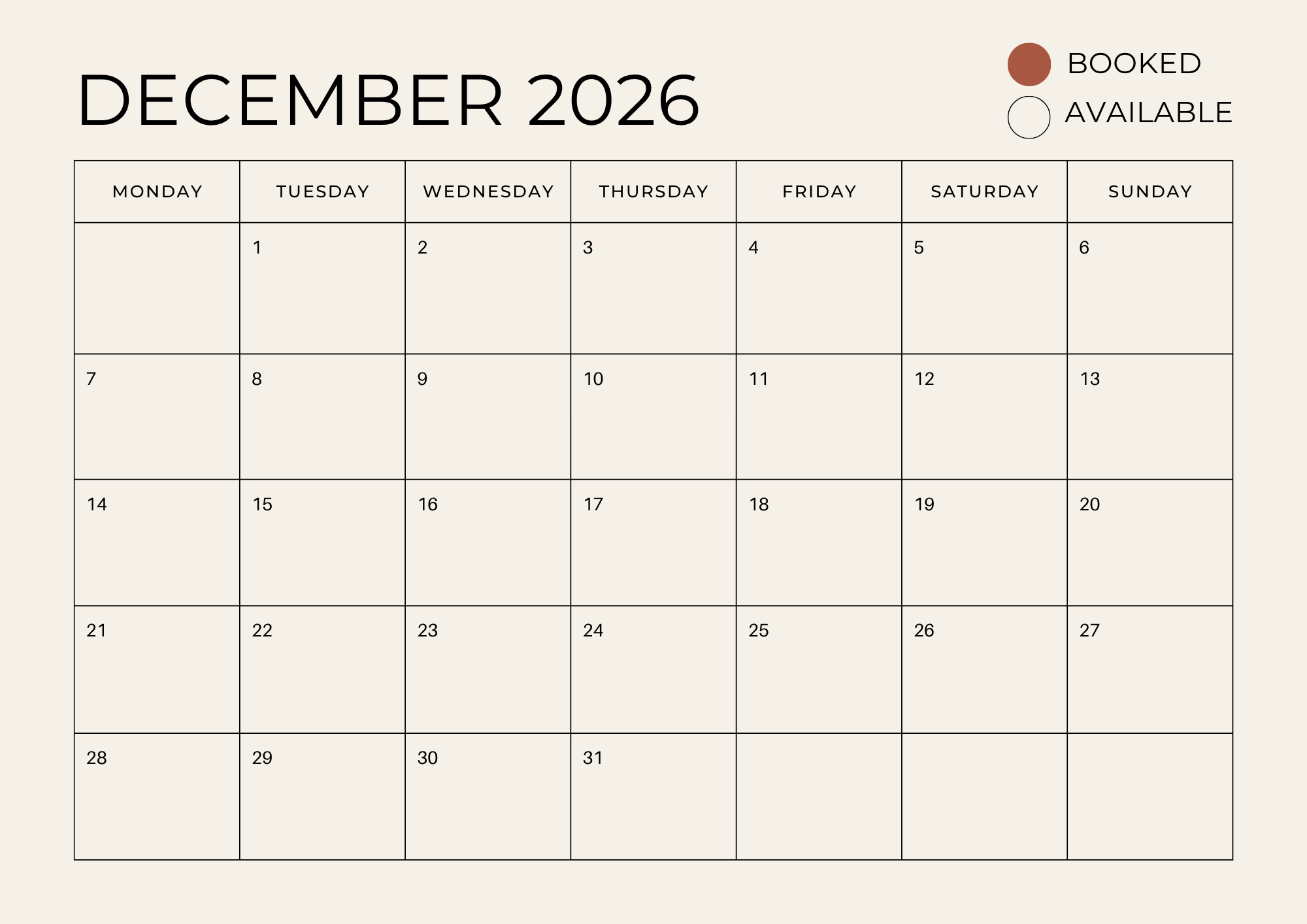 A December 2026 calendar with days numbered from 1 to 31, showing which dates are booked (marked with a filled brown circle) and which are available (empty circles).