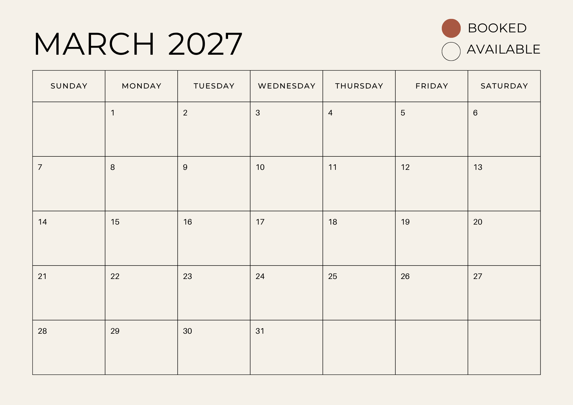 March 2027 calendar with days marked as booked or available.