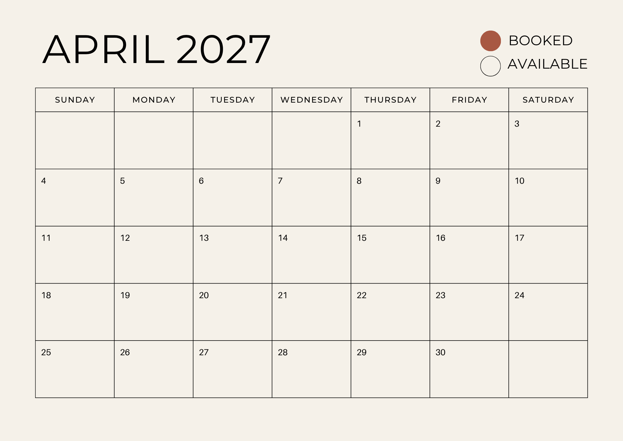 April 2027 calendar with days marked as booked or available, and a legend indicating brown for booked and white for available.