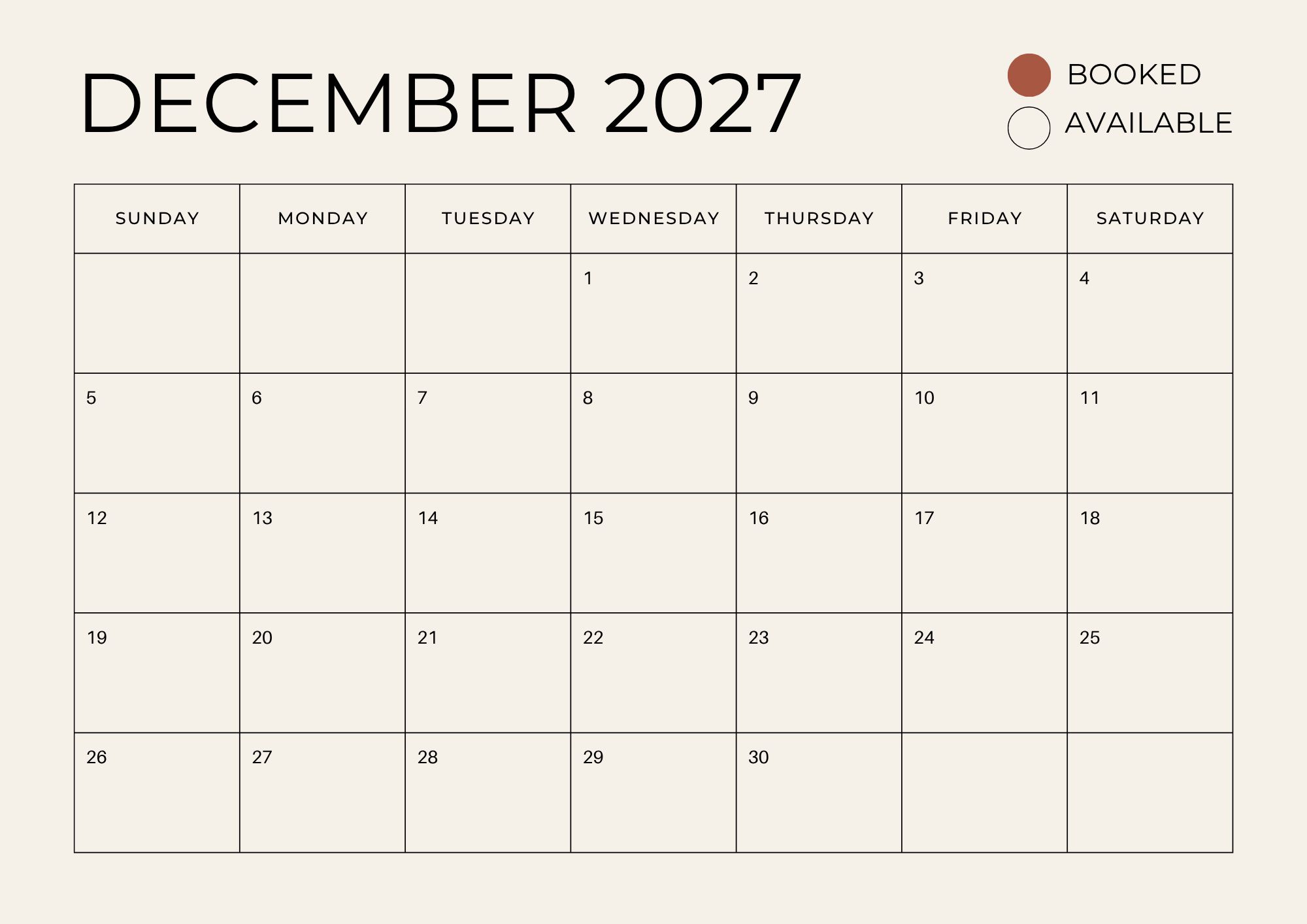 December 2027 calendar with reserved dates marked as booked in brown, available dates in white, showing days from Sunday to Saturday.