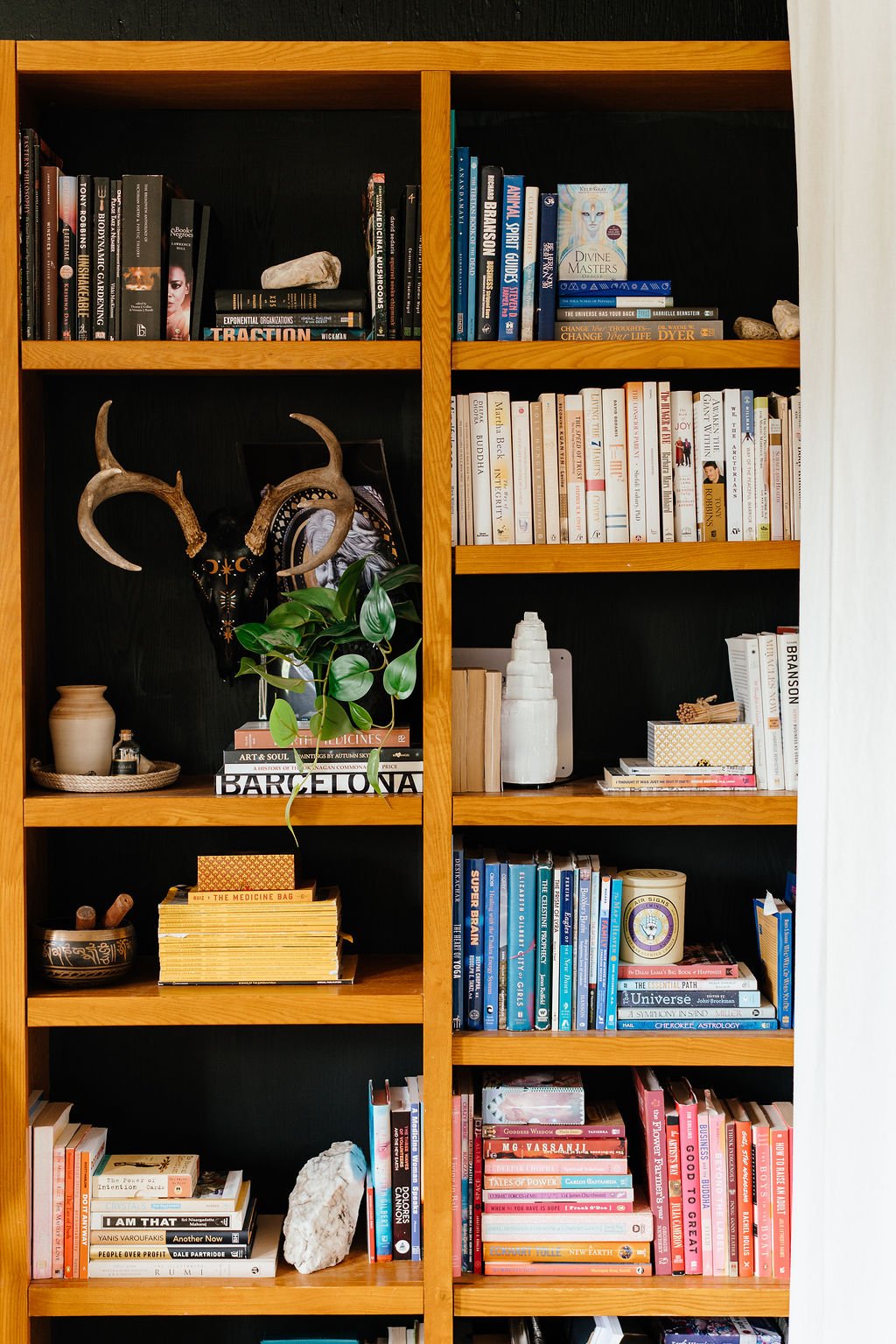 A wooden bookshelf with six shelves filled with books and decorative items, including antler wall decor, plants, pottery, and rocks.