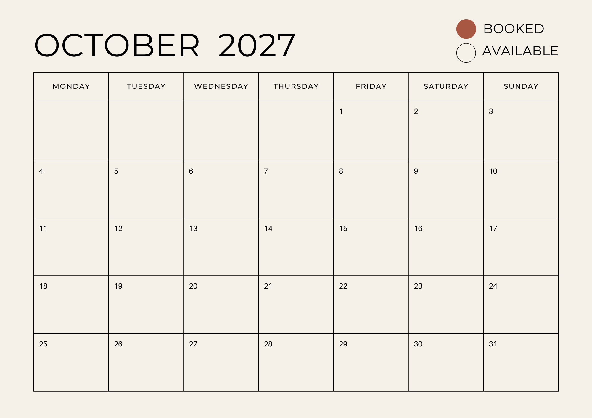 October 2027 calendar with days marked as booked and available, with a legend indicating brown for booked and white for available.