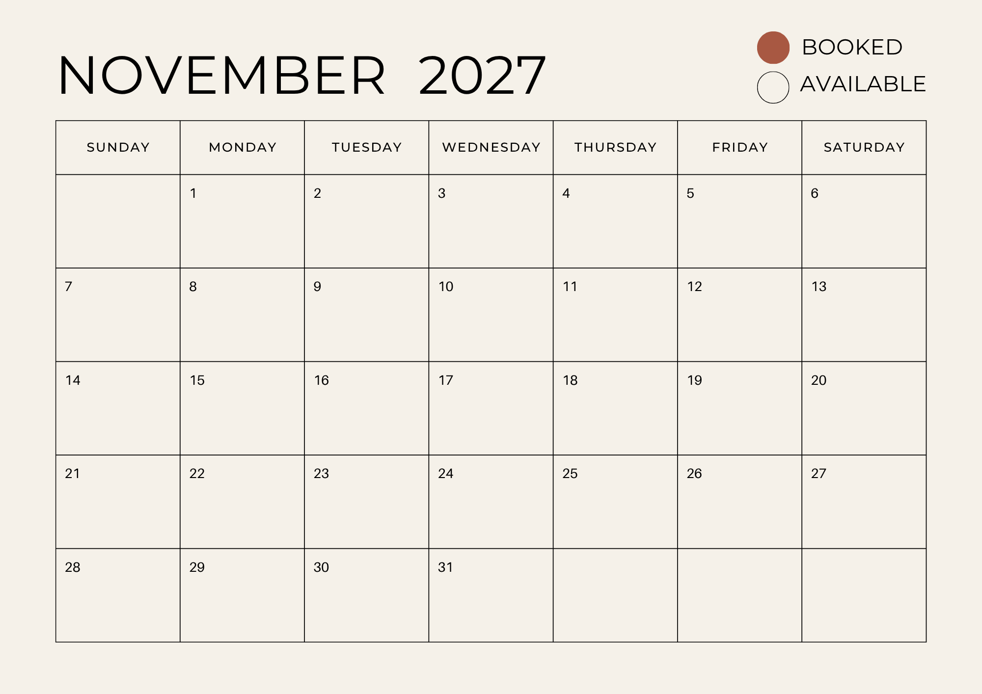 November 2027 calendar with days labeled from Sunday to Saturday. The key indicates that brown dots show booked dates, and empty circles show available dates.