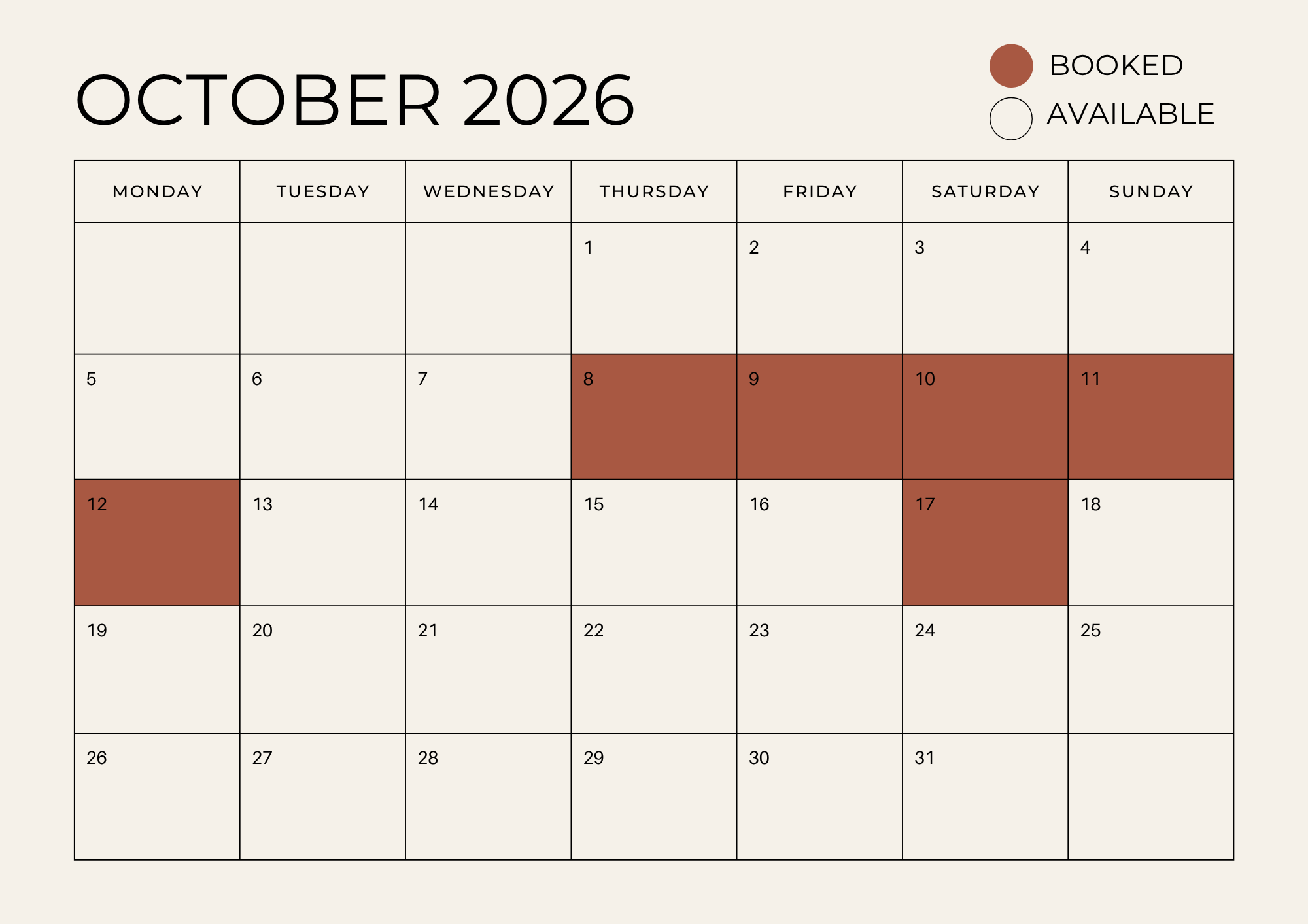 October 2026 calendar with some dates marked booked in brown, including October 8-11, 17, and 12.