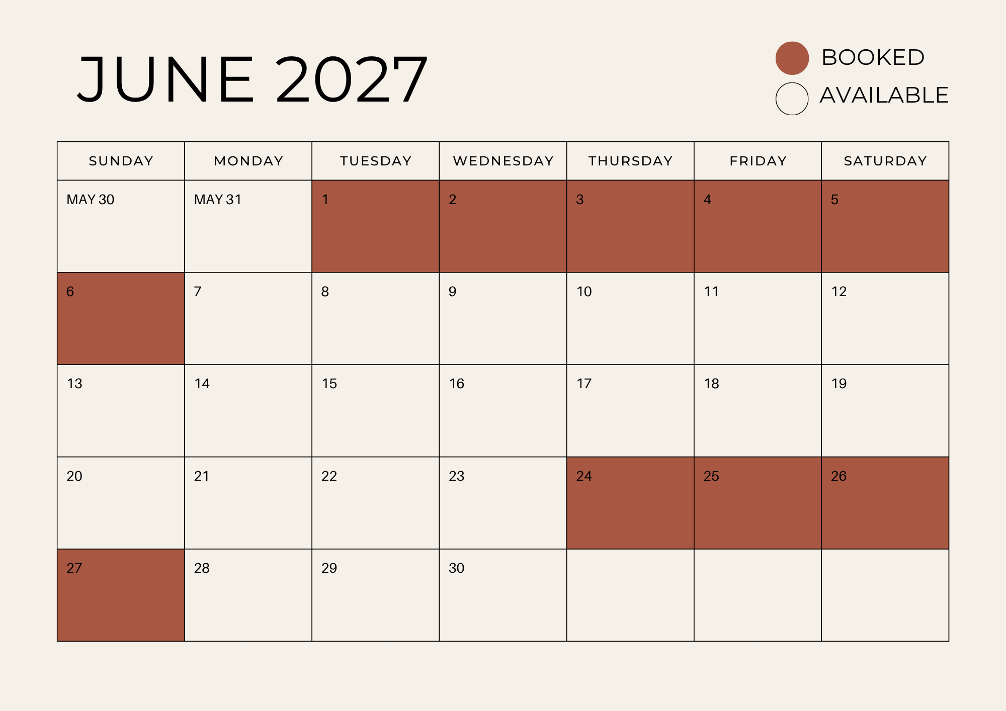 A calendar for June 2027 with dates marked as booked in brown and available in white.
