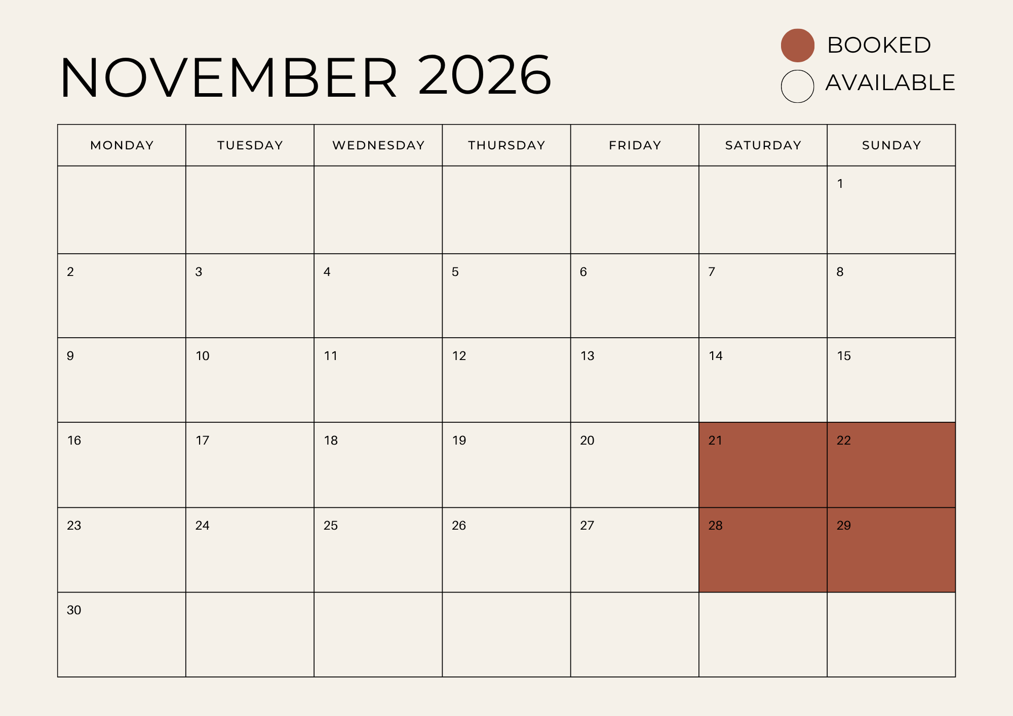 November 2026 calendar with some dates marked as booked. December 21 and 28,29 are highlighted as booked.